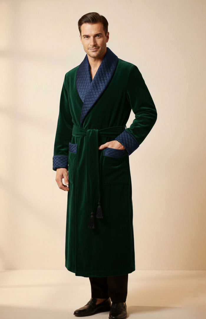 Swiss Green | BlueQuilted Velvet Winter Robe for Men