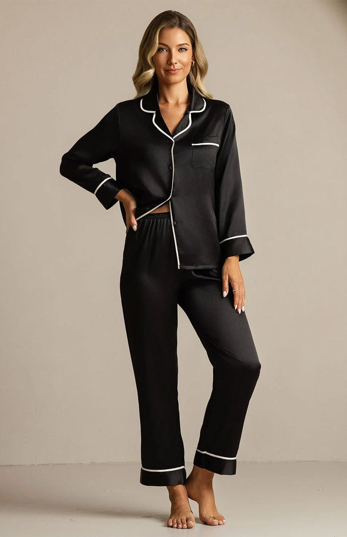 Midnight Classic | Black Satin Button-Down Pajama Set