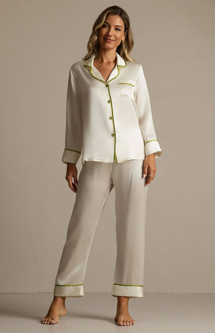 Ivory Fresh | White Satin Pajama Set with Green Piping