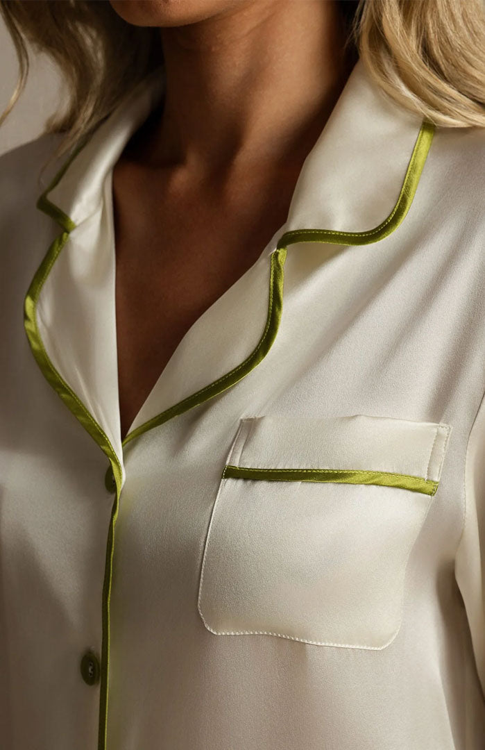 Ivory Fresh | White Satin Pajama Set with Green Piping