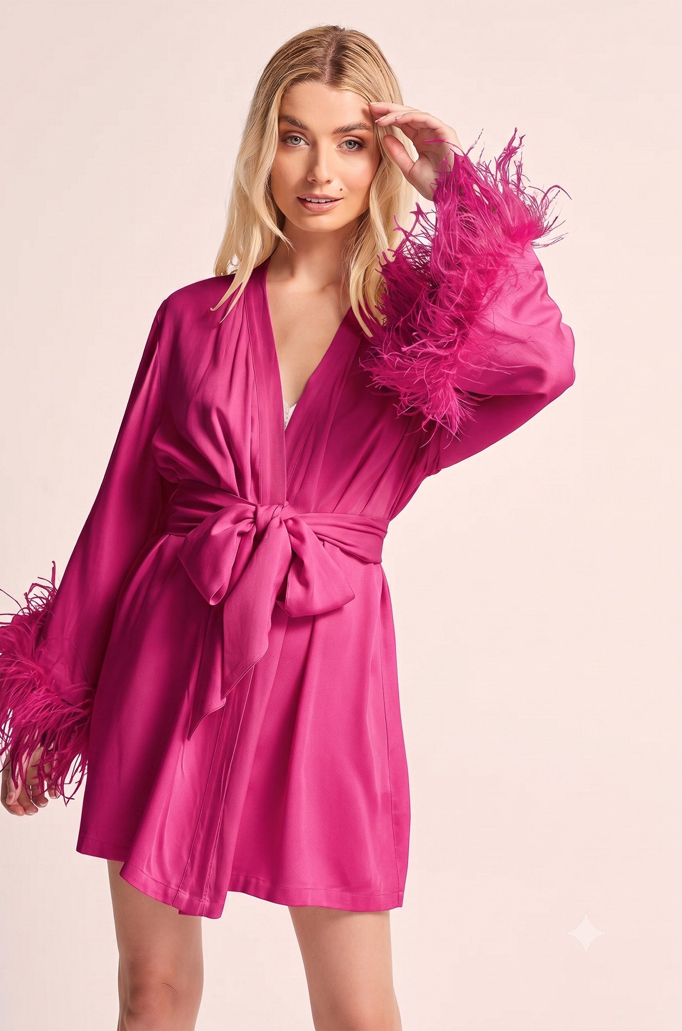 Diva Pink | Indian Bridal Evening Wear – Feather-Trim Satin Robe for Women