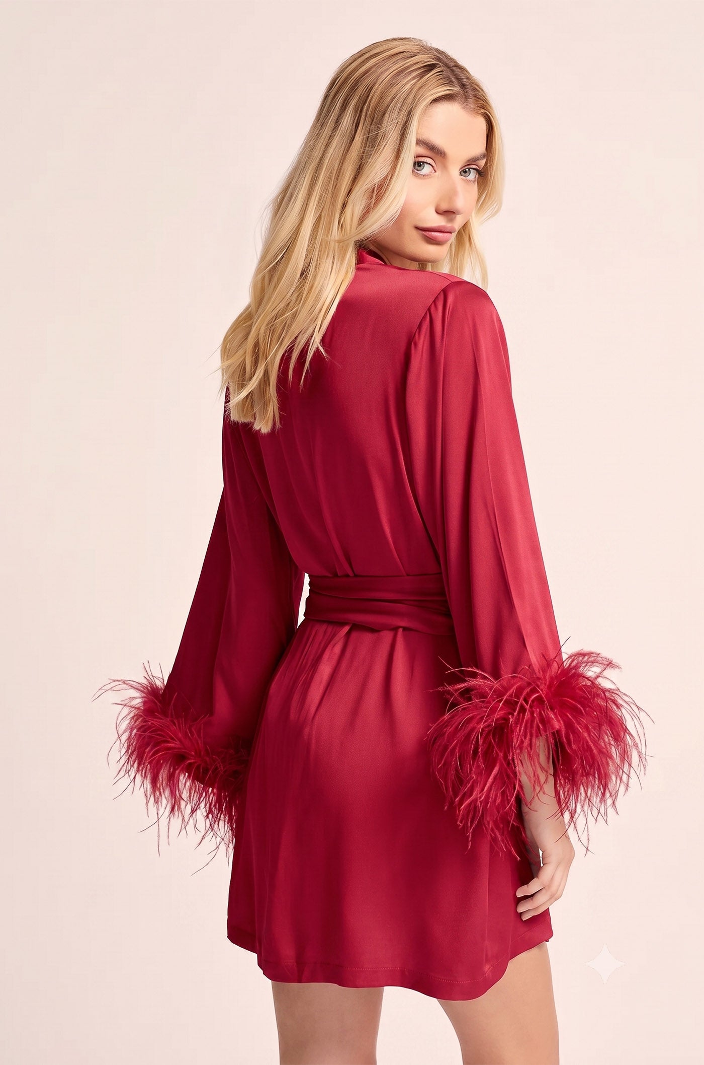 Royal Indian Bridal Evening Wear – Feather-Trim Satin Robe for Women