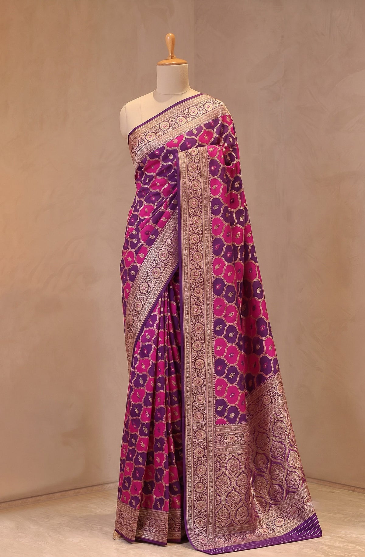 Shahi Gulnaar | Purple & Rani Pink Handwoven Mashru Katan Banarasi Saree