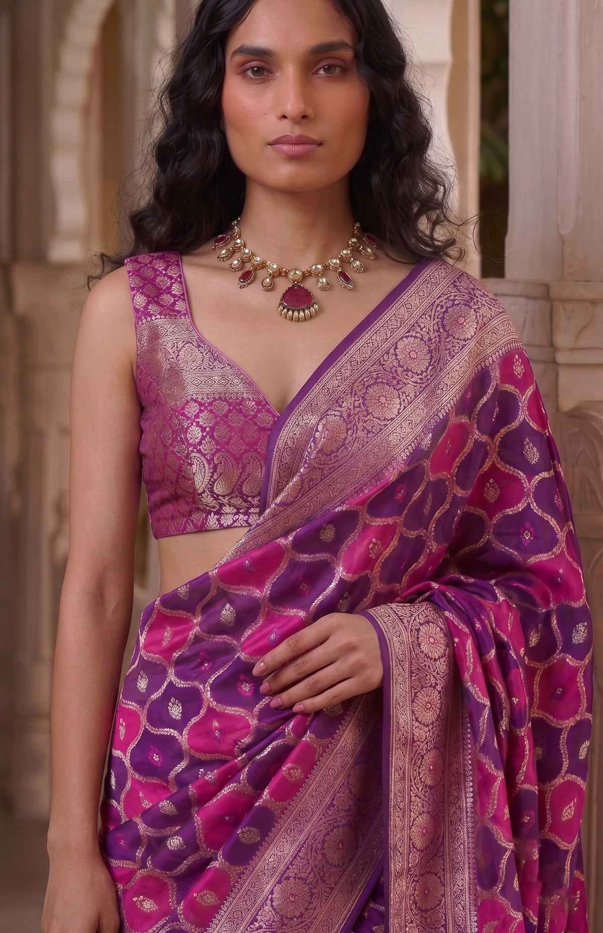 Shahi Gulnaar | Purple & Rani Pink Handwoven Mashru Katan Banarasi Saree