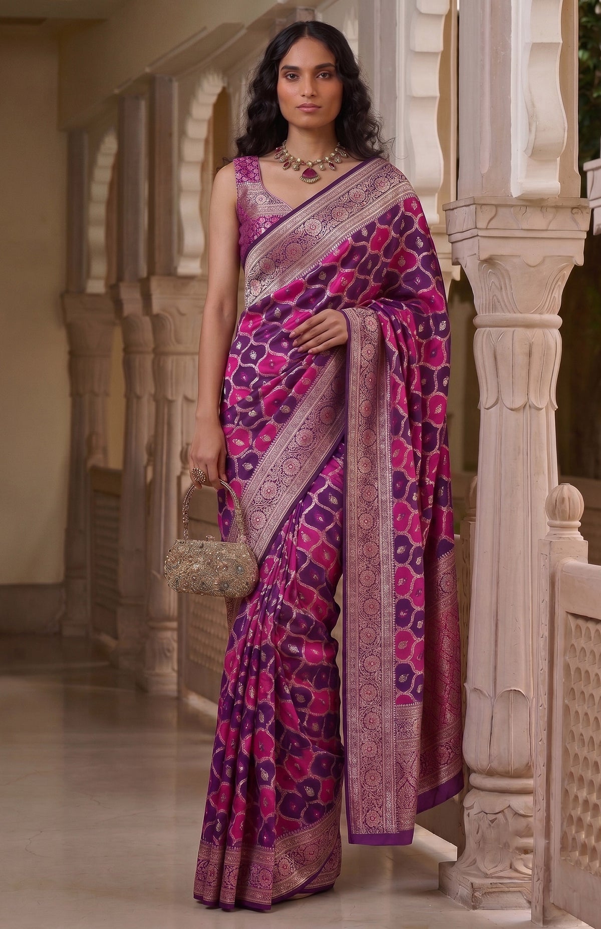 Shahi Gulnaar | Purple & Rani Pink Handwoven Mashru Katan Banarasi Saree