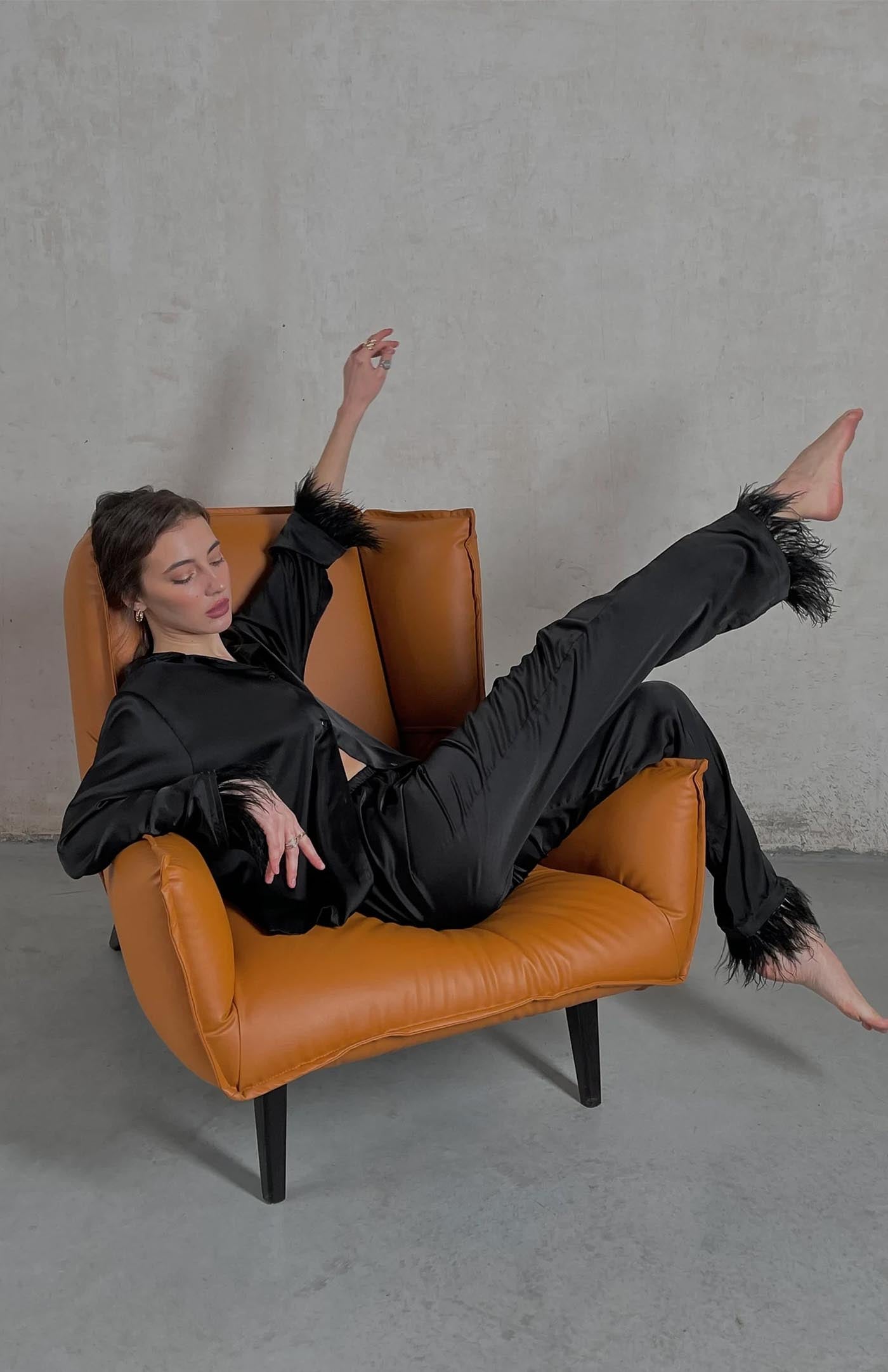 Black Lioness | Fur Satin Loungewear Set Women
