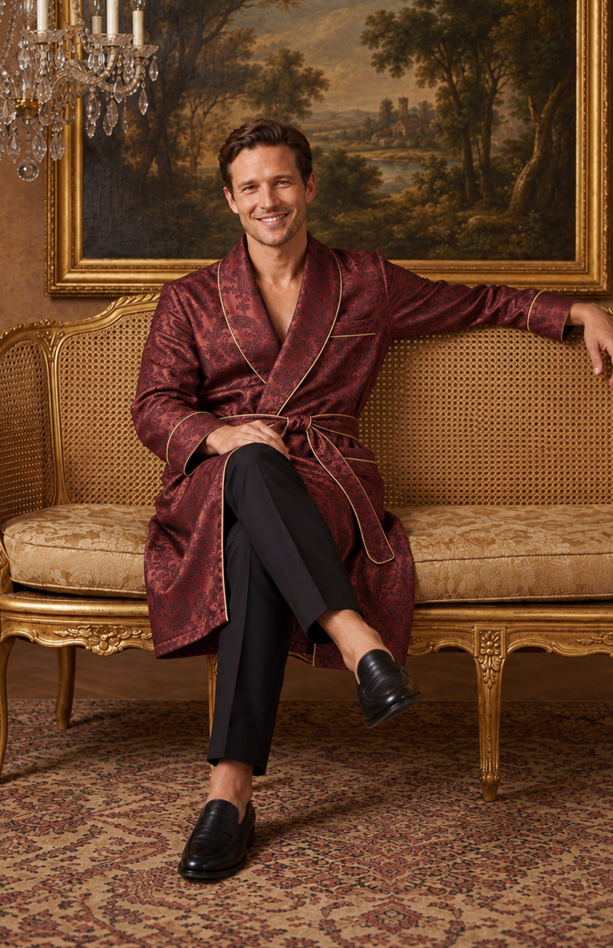 The Claret Parlour | Wine Paisley Jacquard Shawl Collar Robe for Men