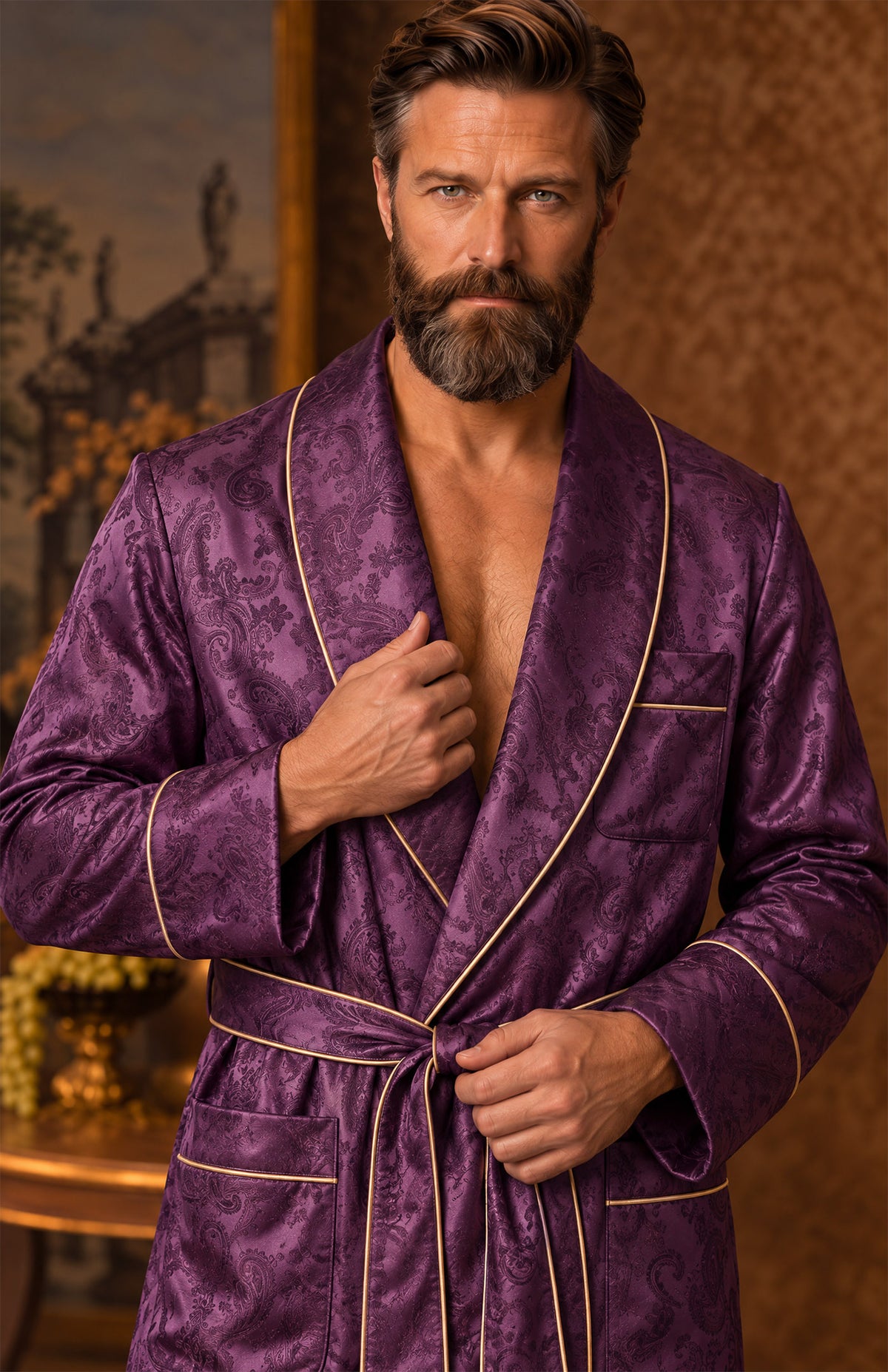 The Amethyst Parlour | Purple Paisley Jacquard Shawl Collar Robe for Men