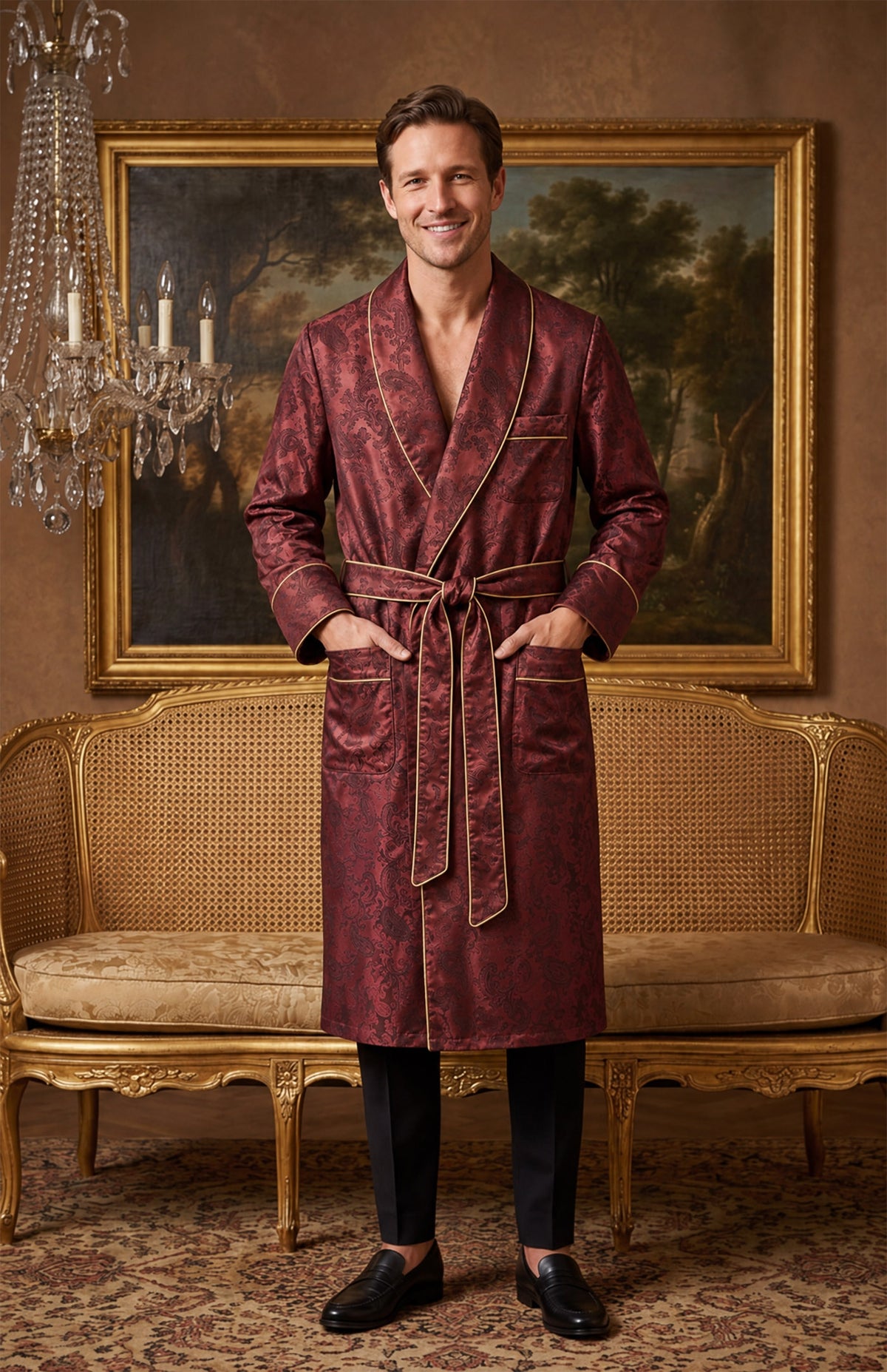 The Claret Parlour | Wine Paisley Jacquard Shawl Collar Robe for Men