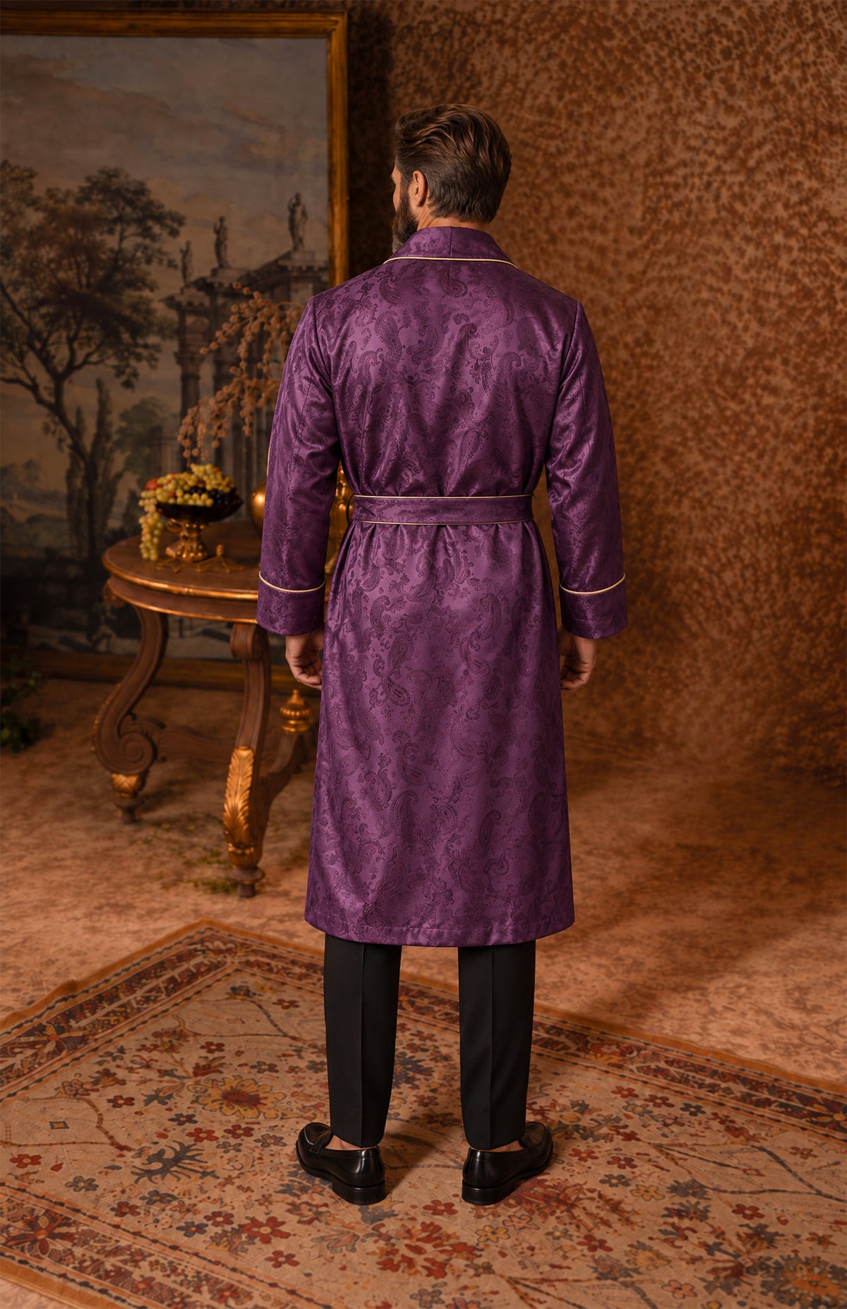 The Amethyst Parlour | Purple Paisley Jacquard Shawl Collar Robe for Men
