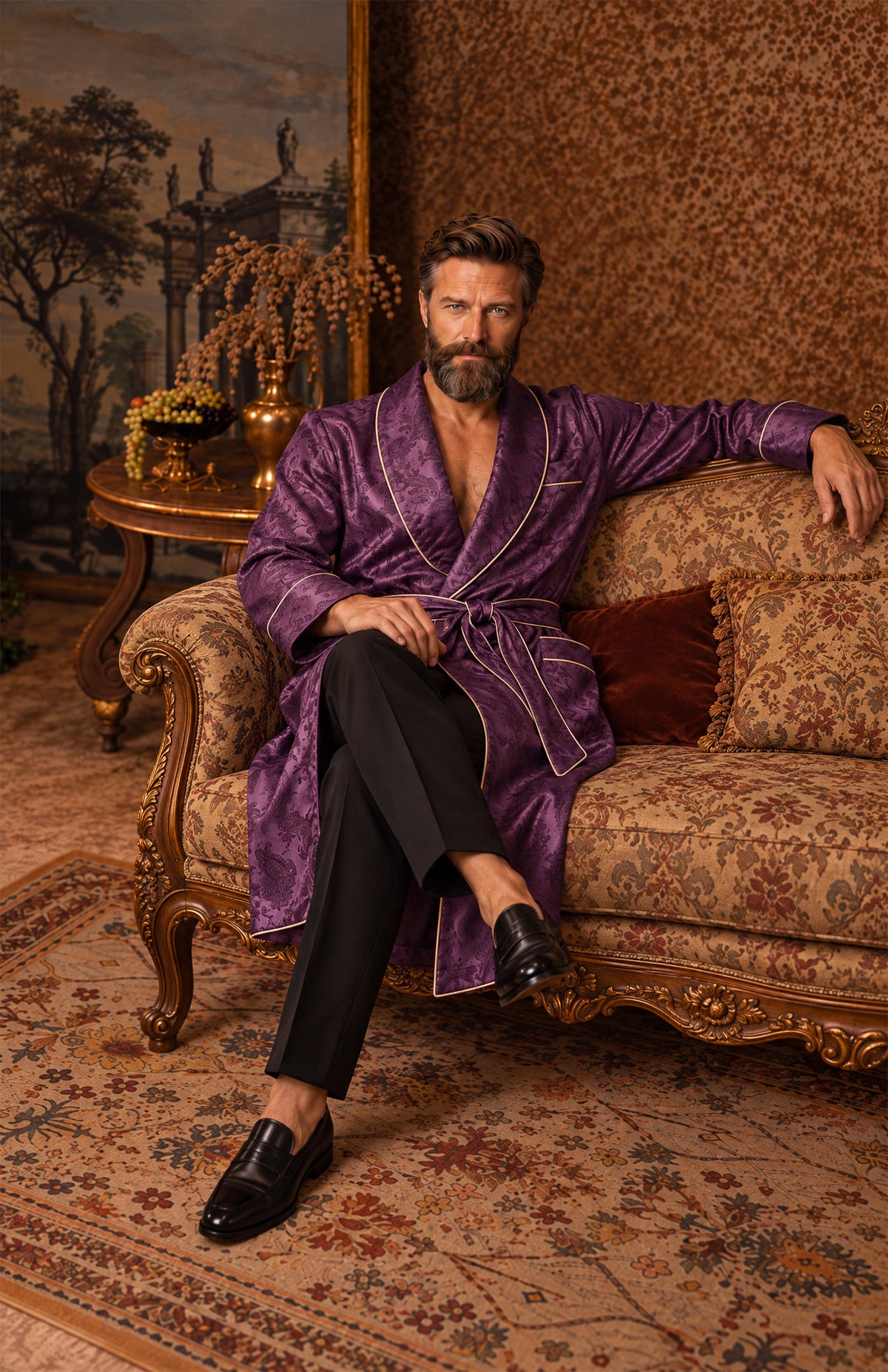 The Amethyst Parlour | Purple Paisley Jacquard Shawl Collar Robe for Men