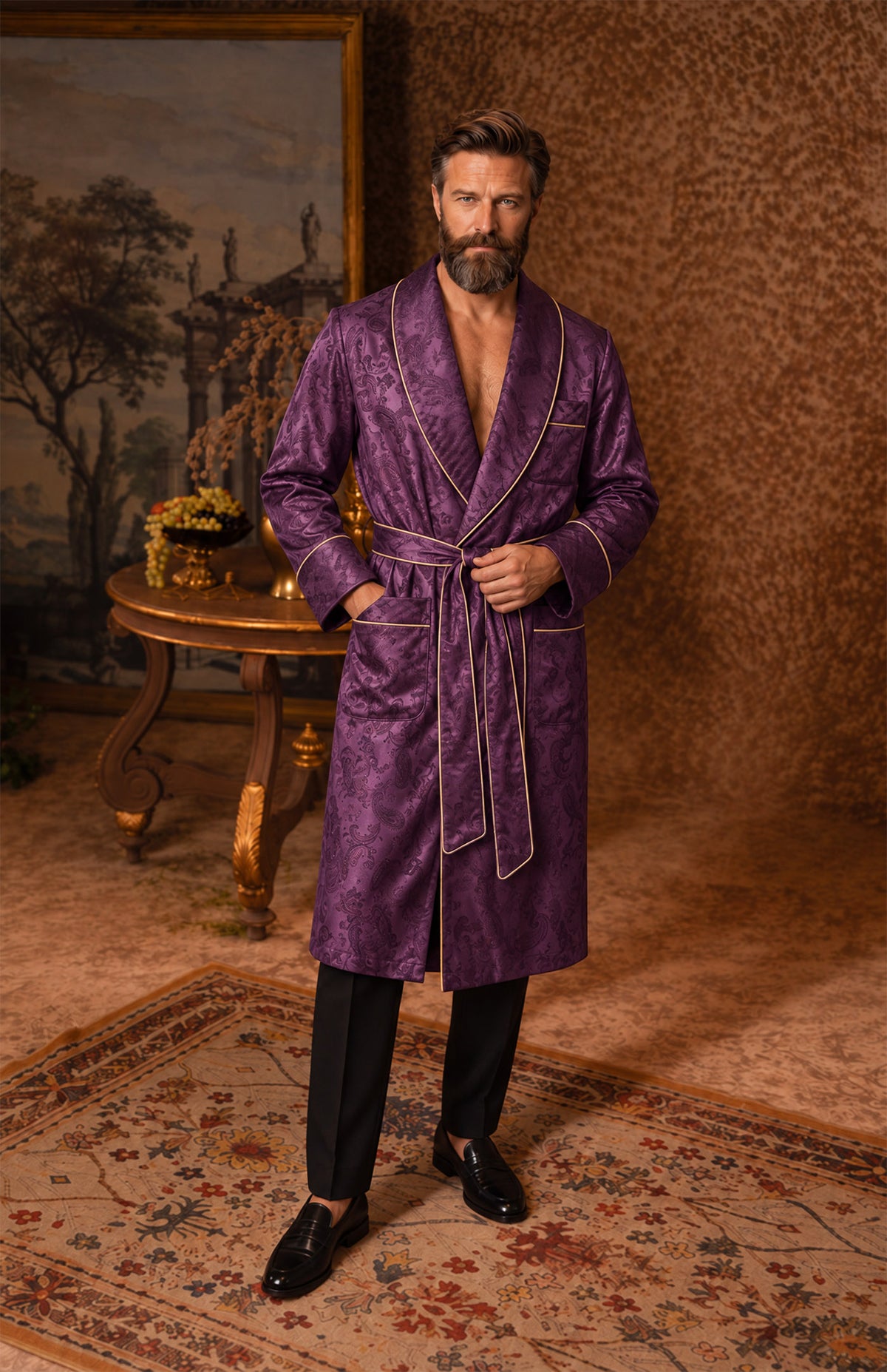 The Amethyst Parlour | Purple Paisley Jacquard Shawl Collar Robe for Men
