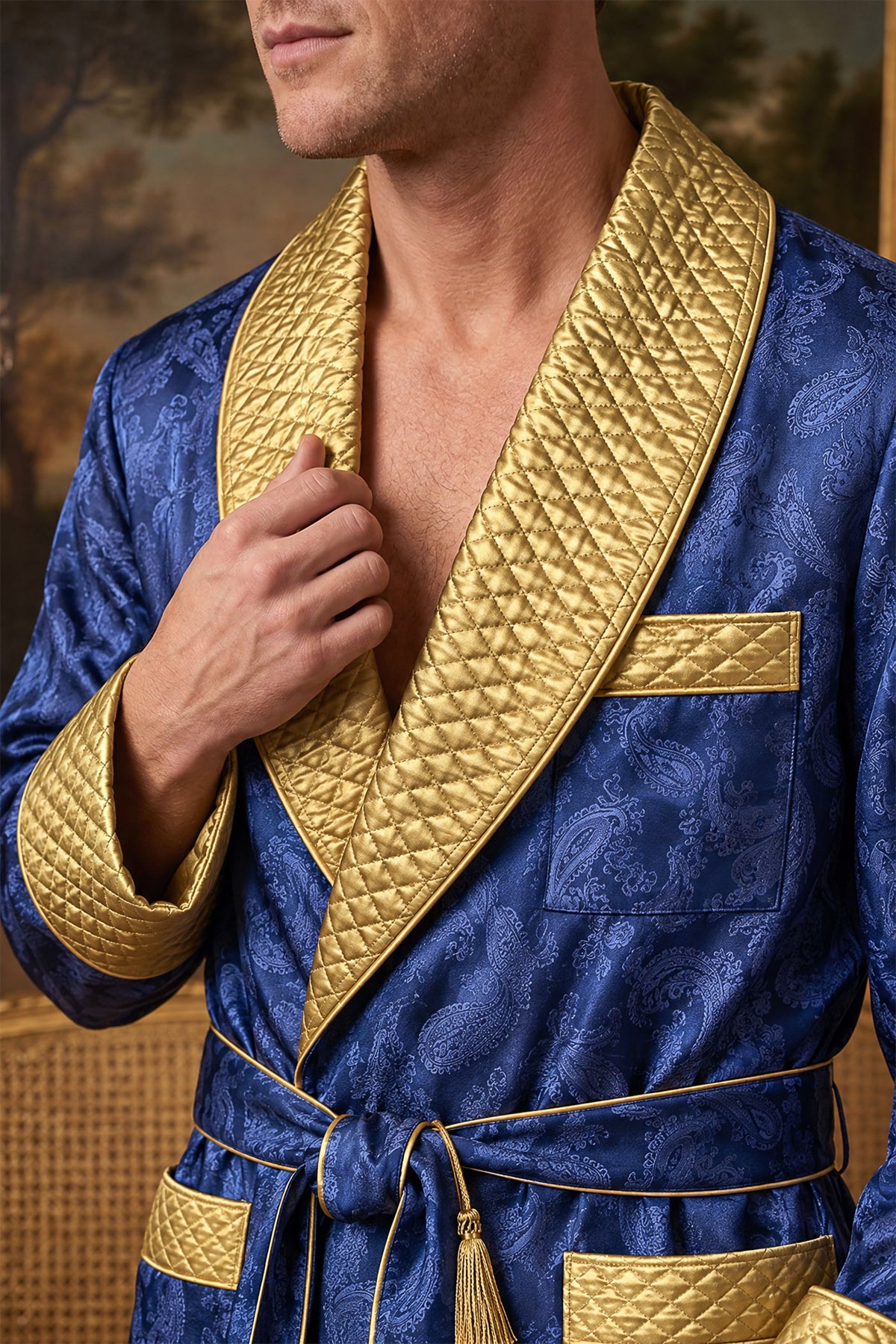 The Azure Ambassador | Royal Blue & Gold Paisley Jacquard Quilted Robe for Men