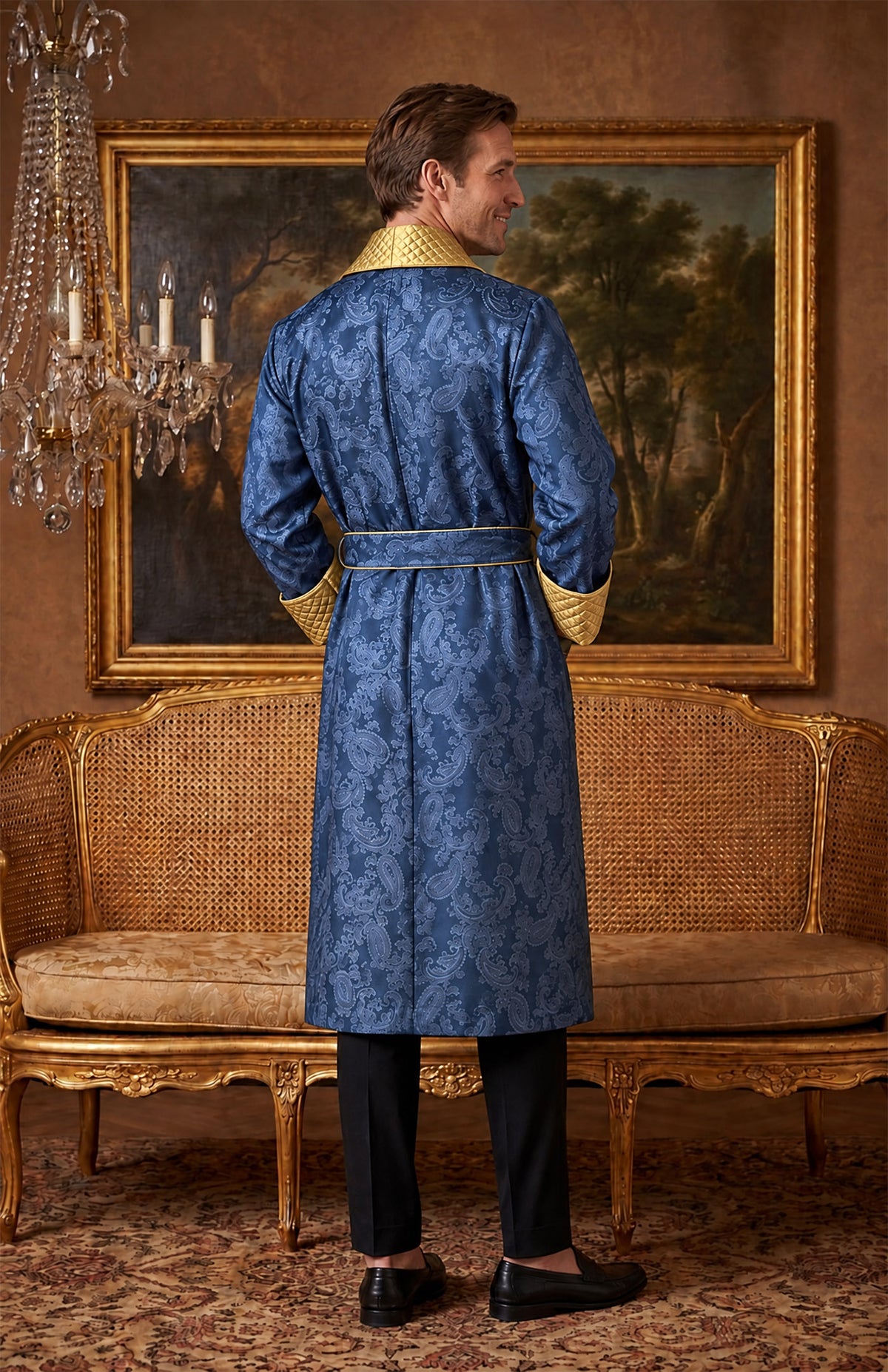 The Azure Ambassador | Royal Blue & Gold Paisley Jacquard Quilted Robe for Men