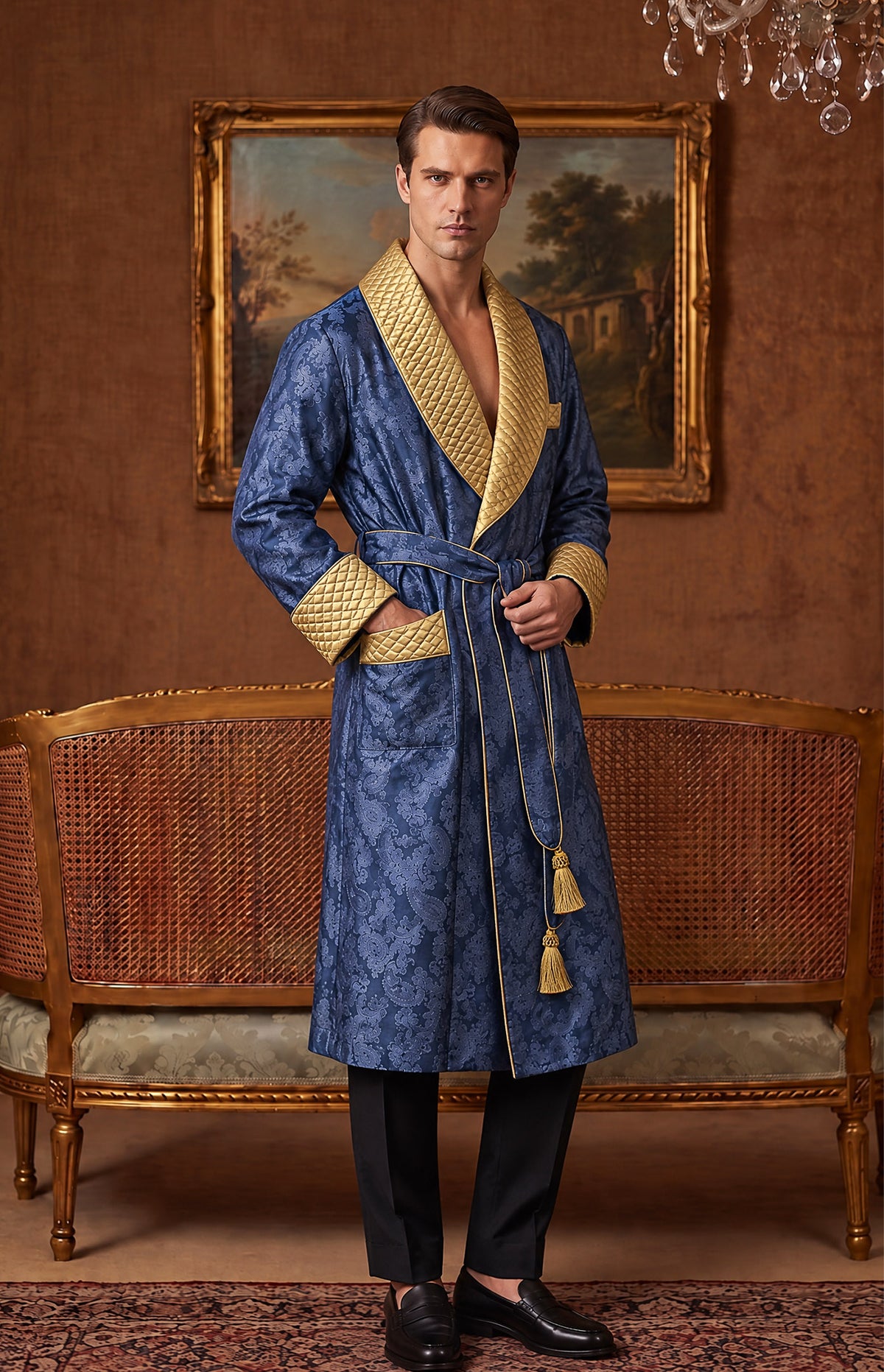The Azure Ambassador | Royal Blue & Gold Paisley Jacquard Quilted Robe for Men