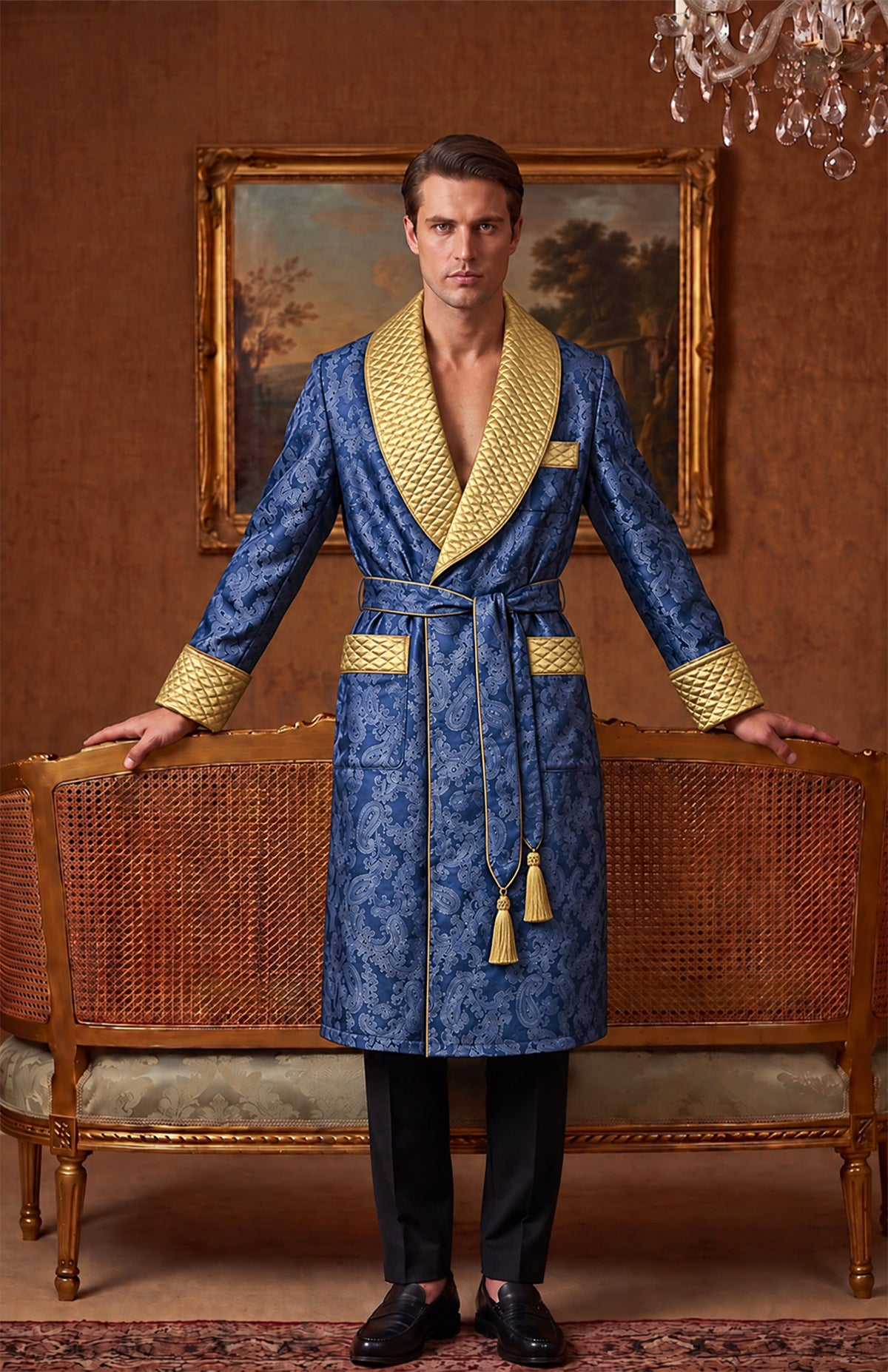 The Azure Ambassador | Royal Blue & Gold Paisley Jacquard Quilted Robe for Men