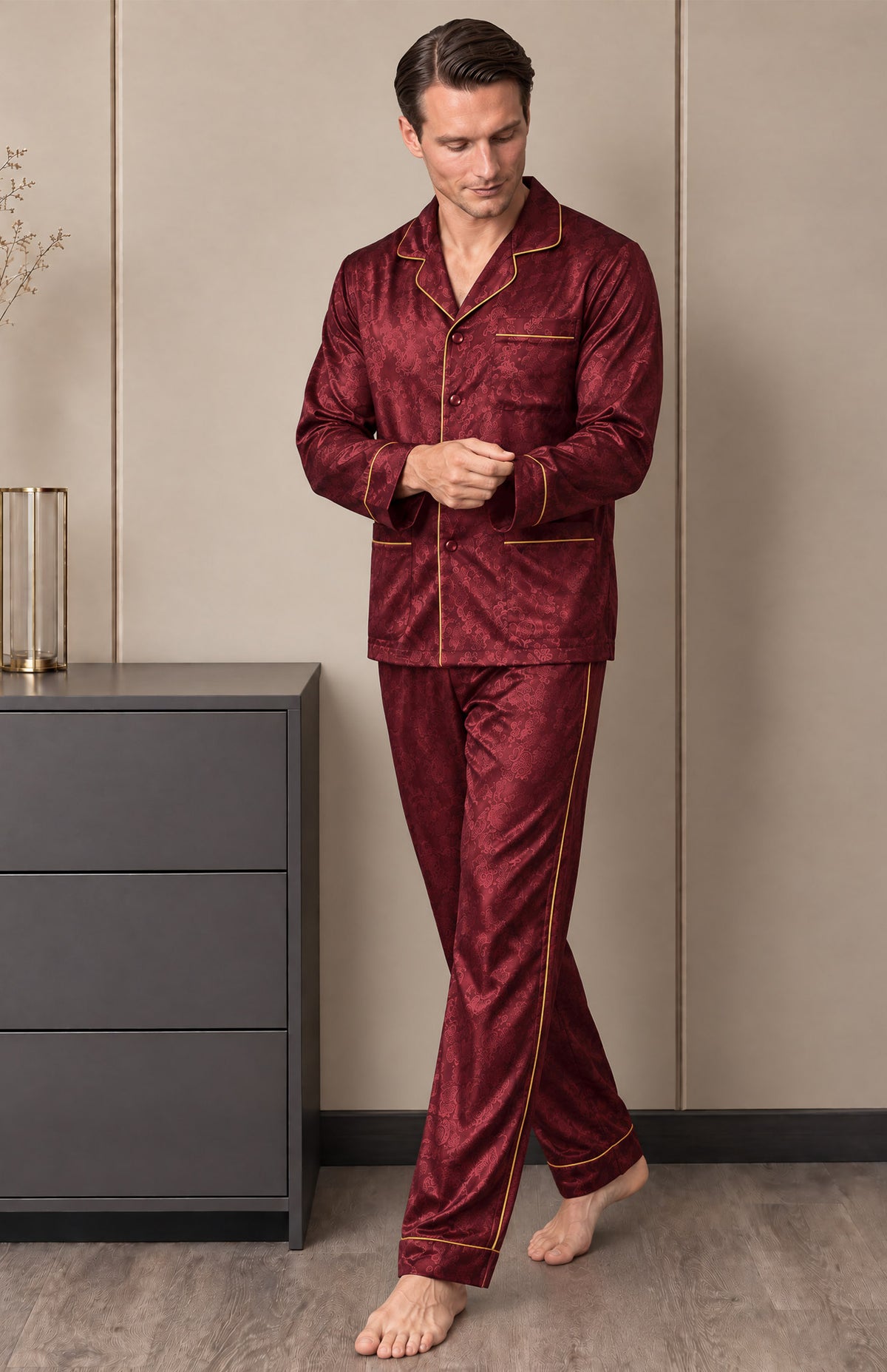 The Bordeaux Nightcap | Wine Paisley Jacquard Pyjama Set for Men