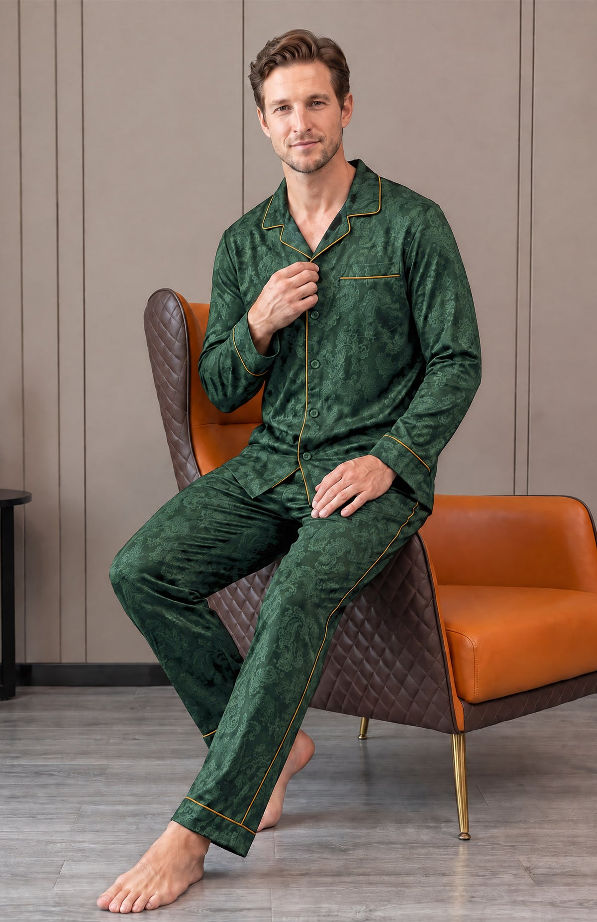 The Emerald Nightcap | Green Paisley Jacquard Pyjama Set for Men