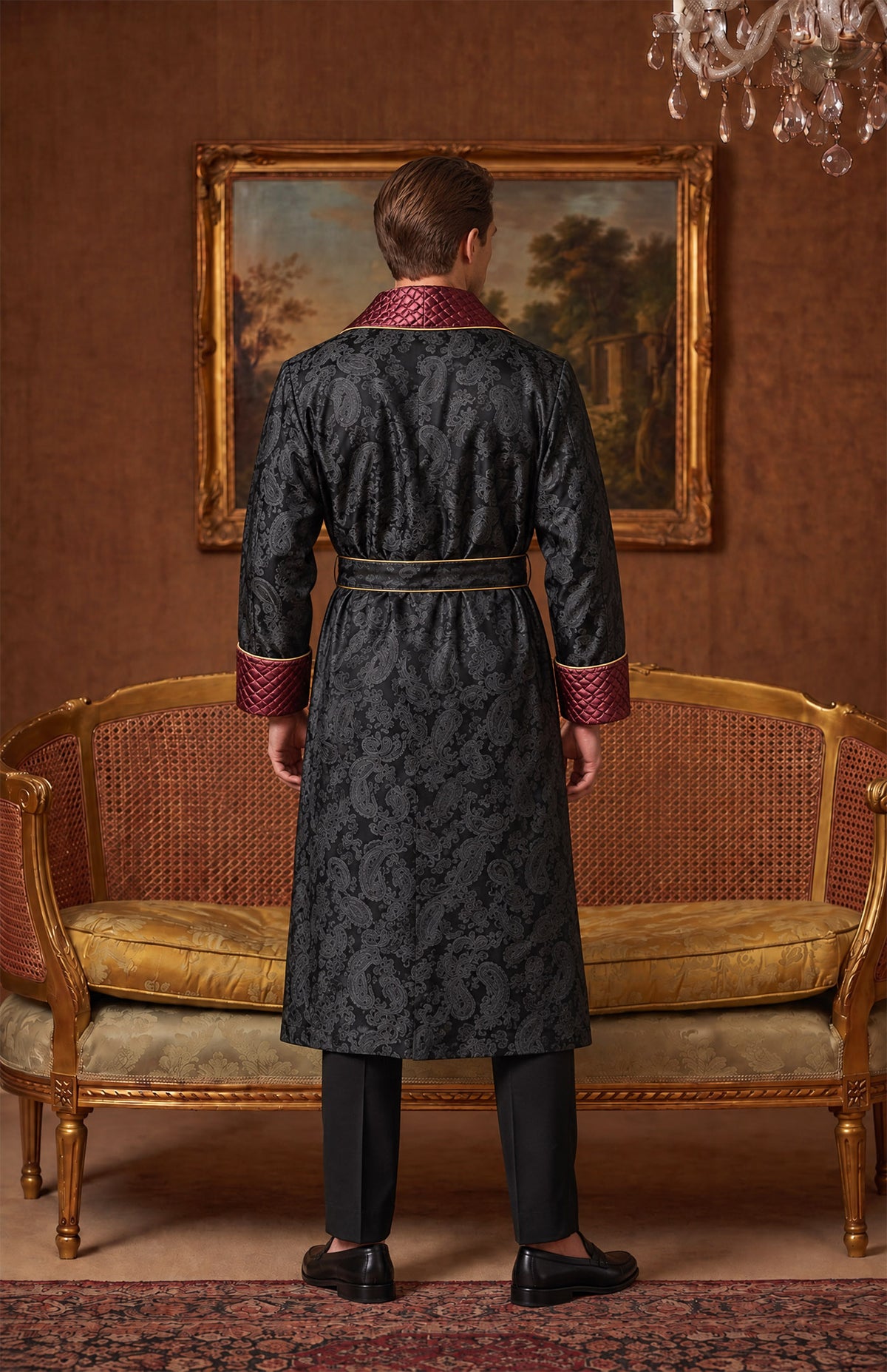 The Garnet Knight | Black & Burgundy Paisley Jacquard Quilted Robe for Men