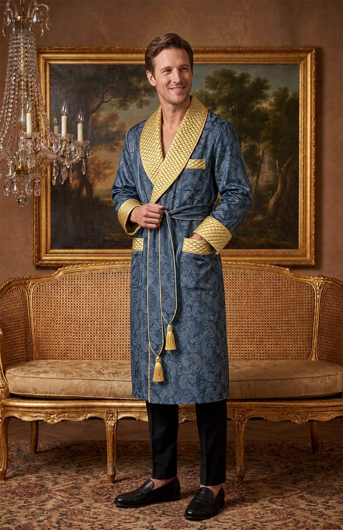 The Midnight Admiral | Navy & Gold Paisley Jacquard Quilted Robe for Men