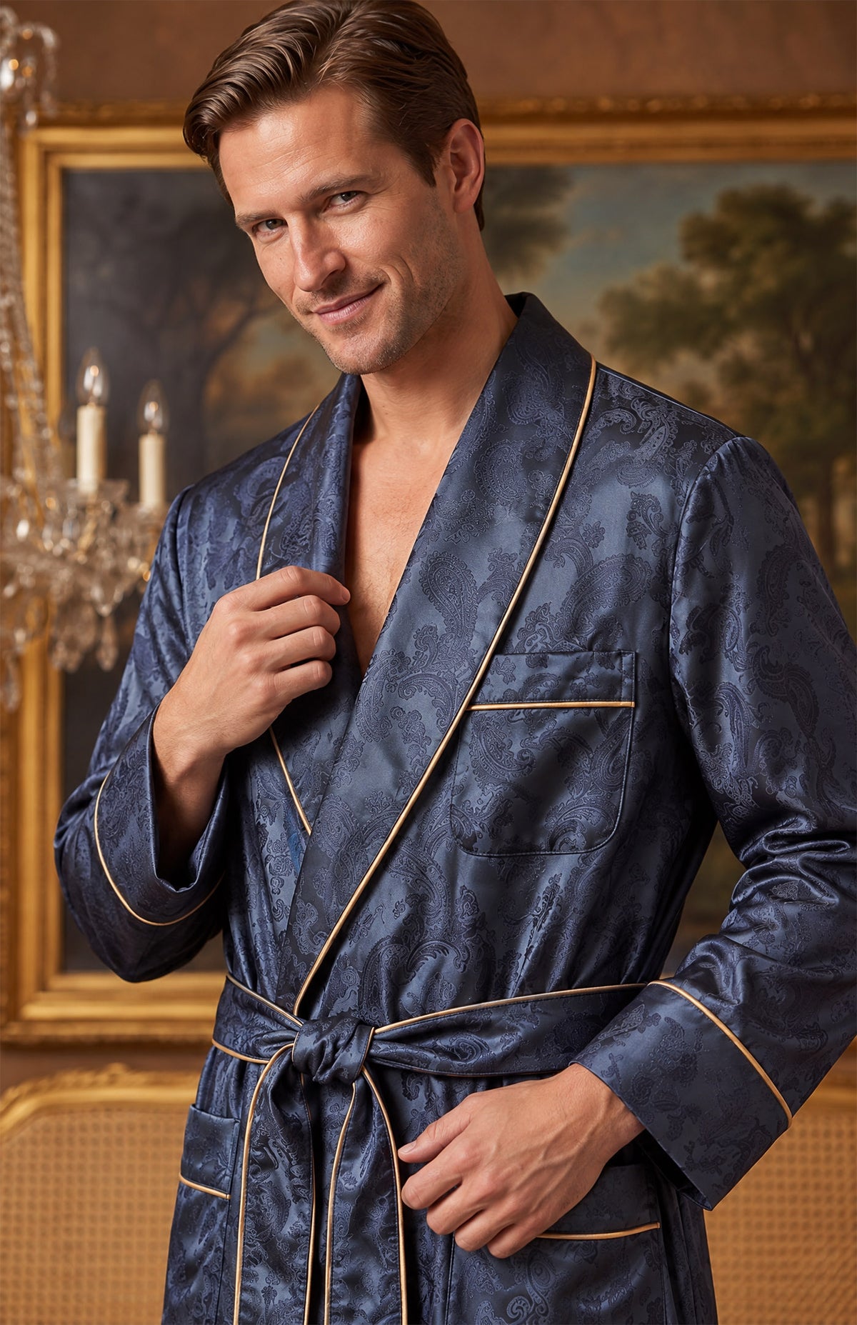 The Midnight Parlour | Navy Paisley Jacquard Shawl Collar Robe for Men