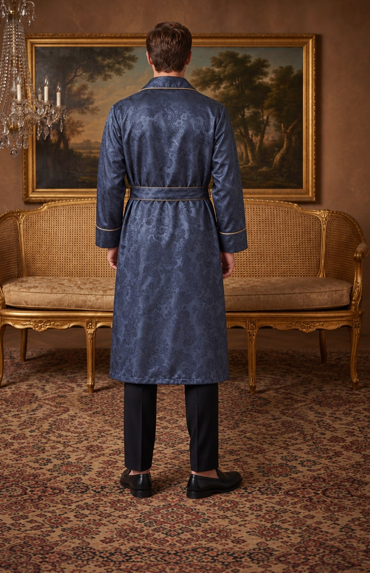 The Midnight Parlour | Navy Paisley Jacquard Shawl Collar Robe for Men