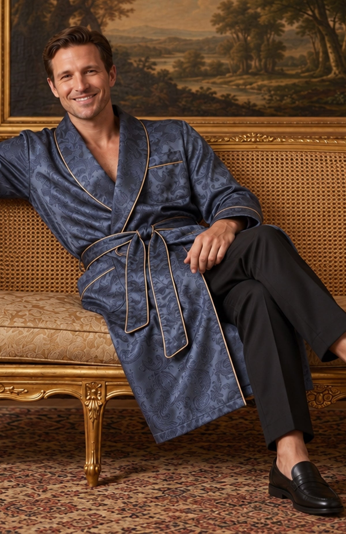 The Midnight Parlour | Navy Paisley Jacquard Shawl Collar Robe for Men