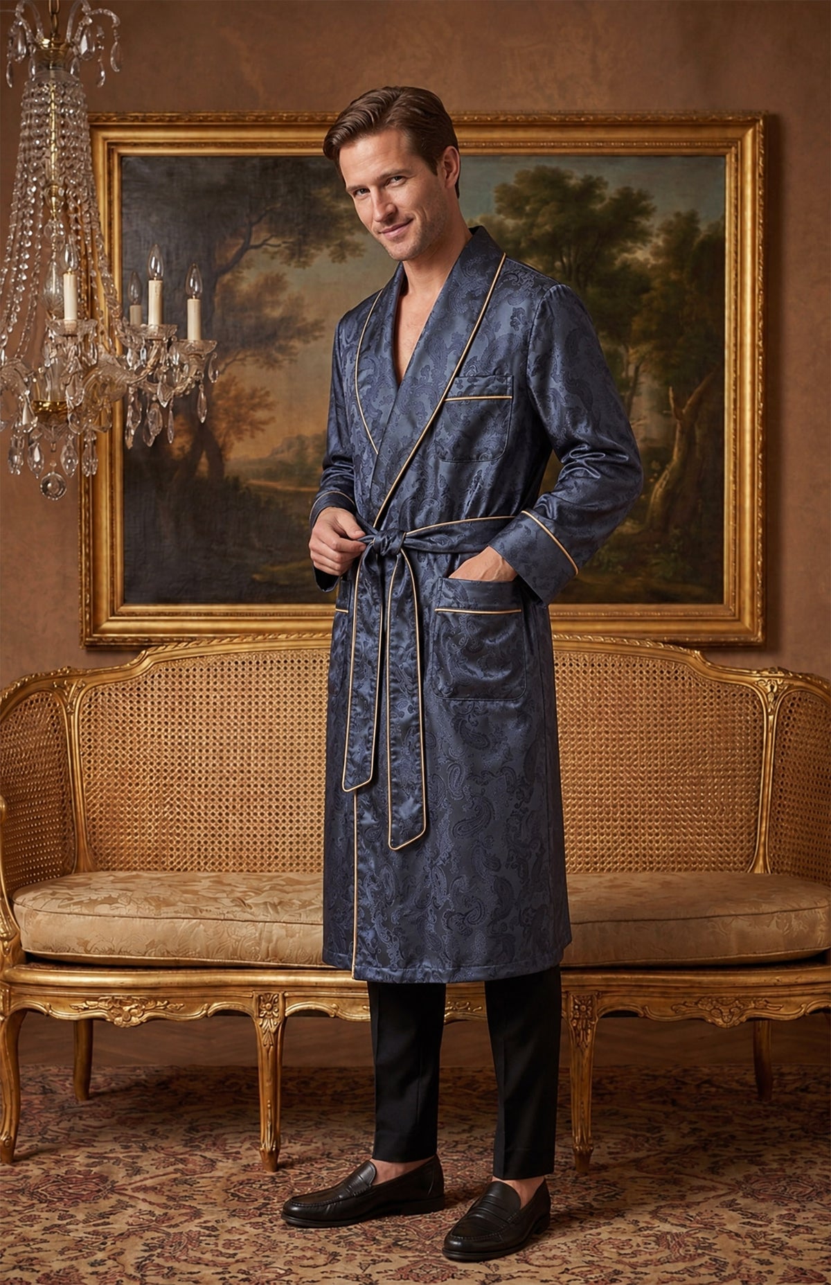 The Midnight Parlour | Navy Paisley Jacquard Shawl Collar Robe for Men