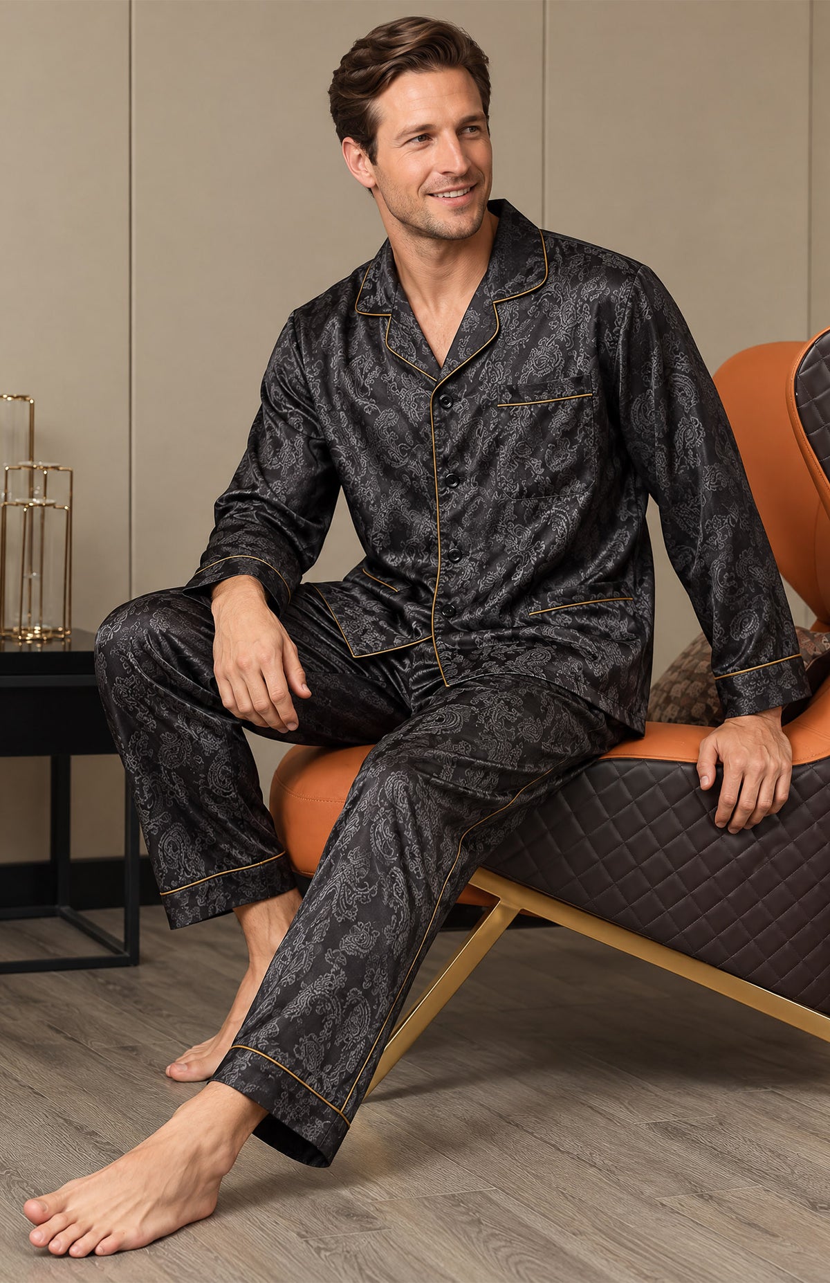 The Onyx Nightcap | Black Paisley Jacquard Pyjama Set for Men
