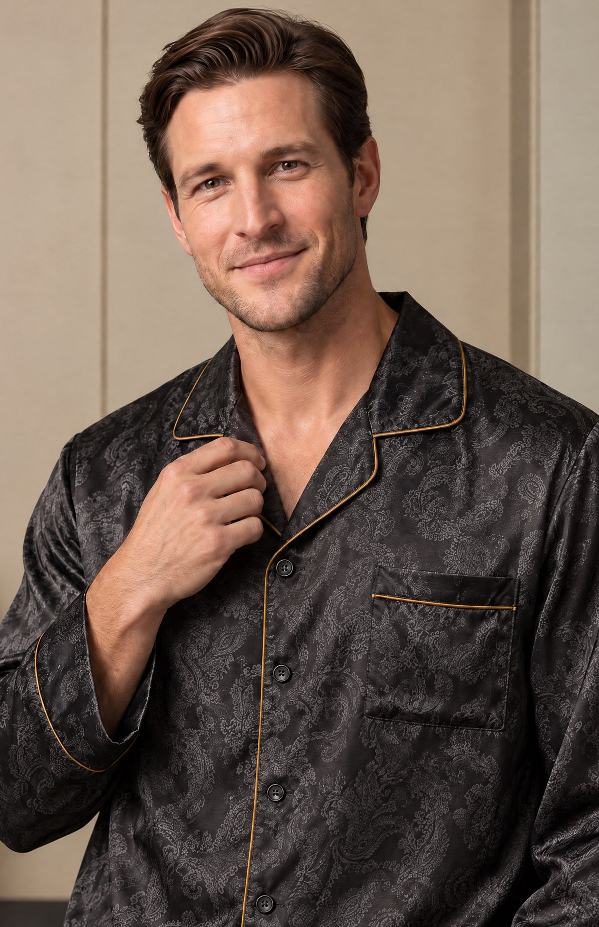 The Onyx Nightcap | Black Paisley Jacquard Pyjama Set for Men