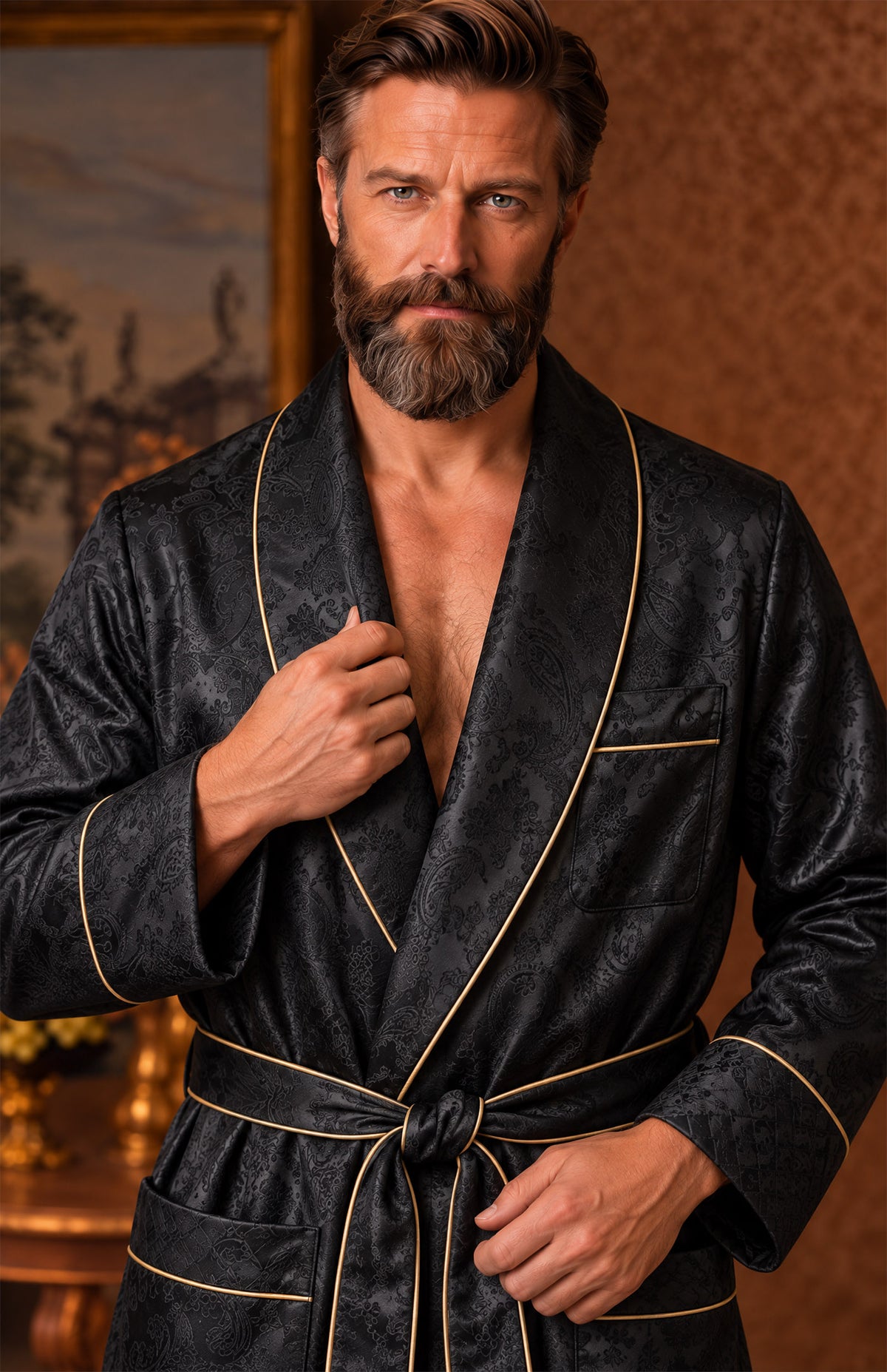 The Onyx Parlour | Black Paisley Jacquard Collar Robe