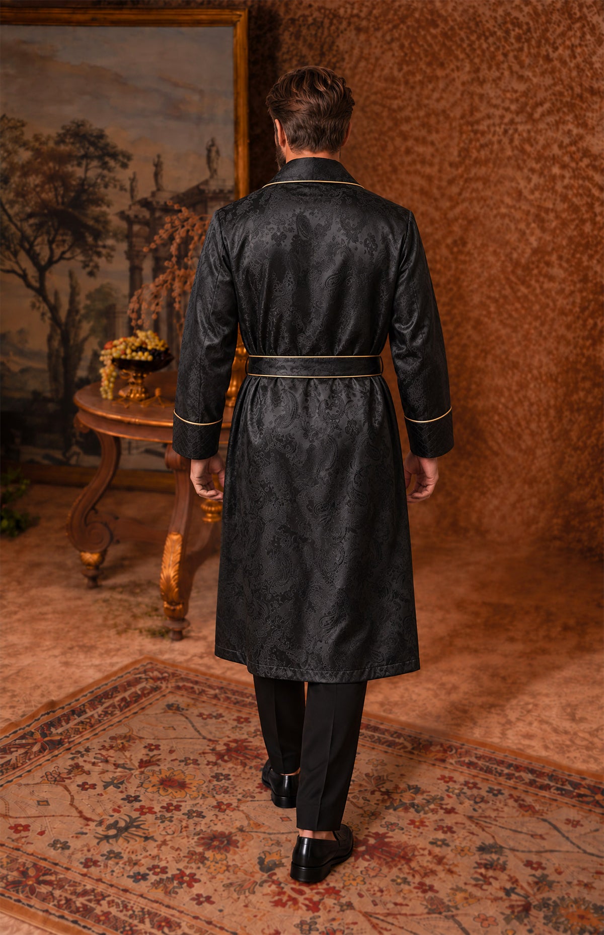 The Onyx Parlour | Black Paisley Jacquard Collar Robe