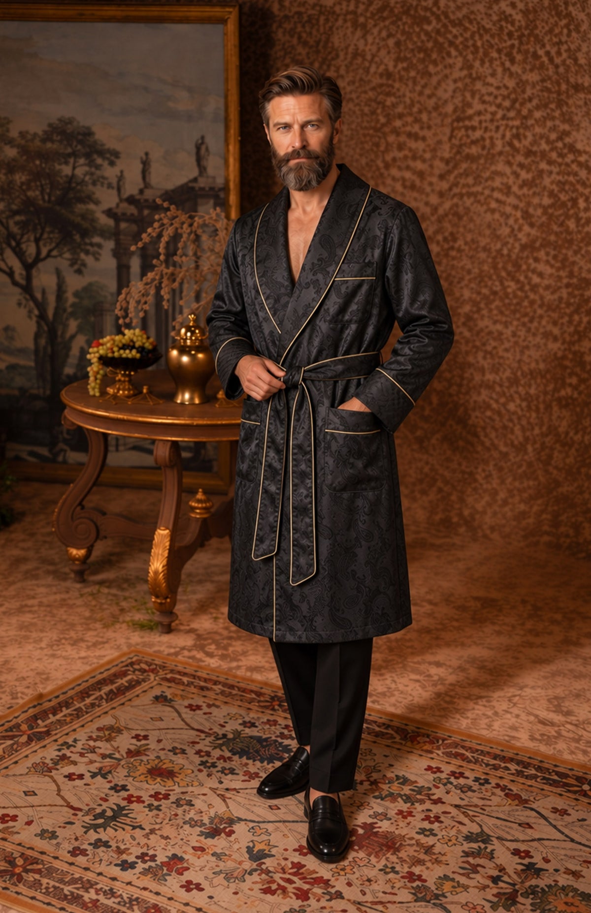 The Onyx Parlour | Black Paisley Jacquard Collar Robe