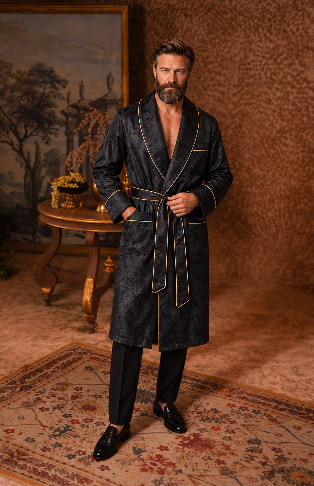 The Onyx Parlour | Black Paisley Jacquard Collar Robe