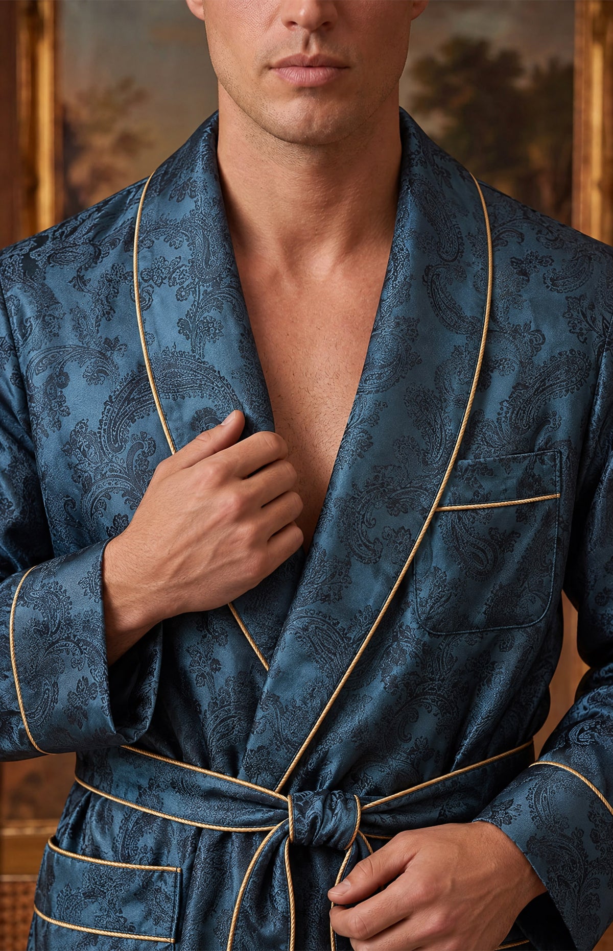 The Peacock Parlour | Teal Paisley Jacquard Shawl Collar Robe for Men
