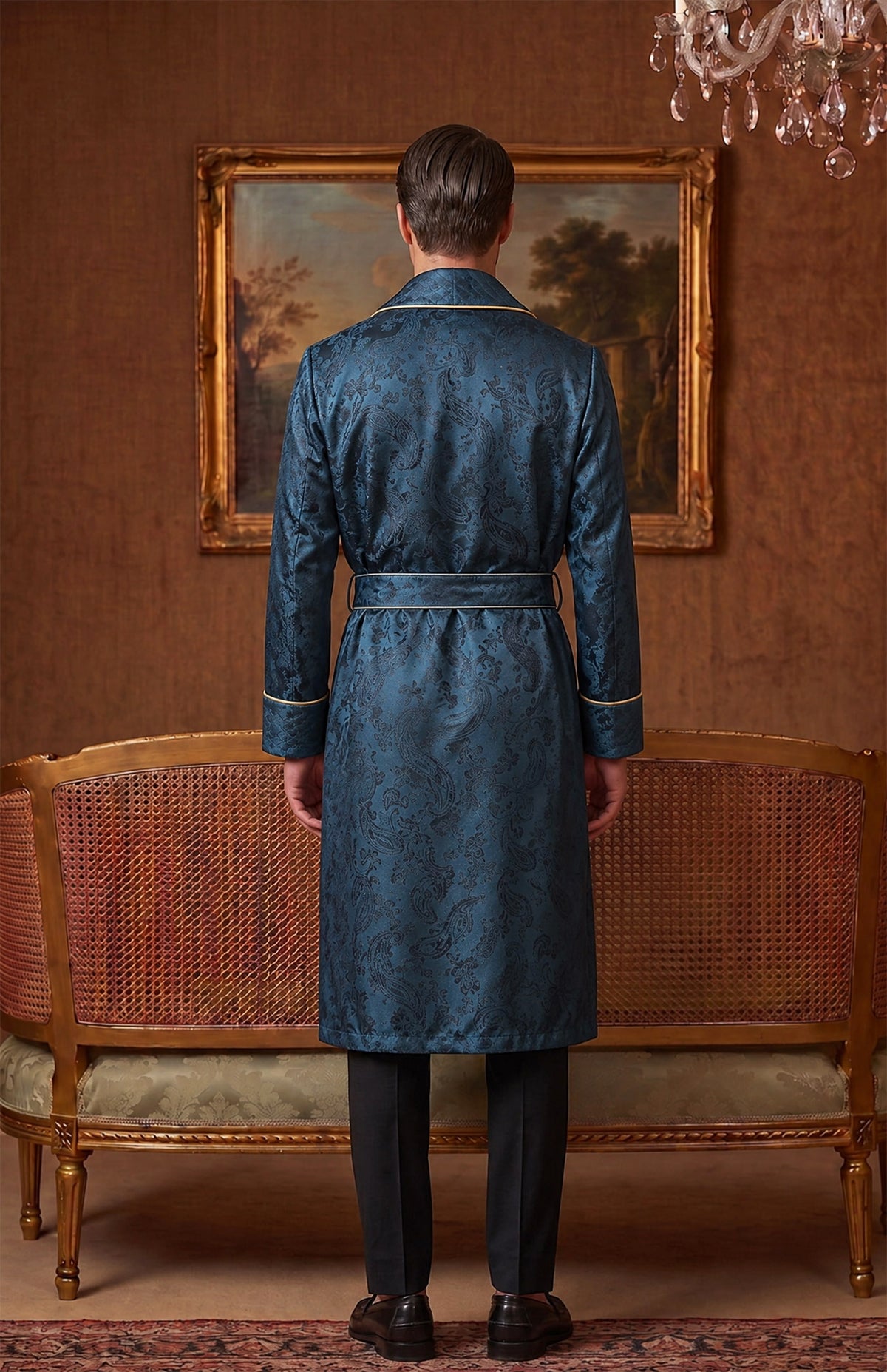 The Peacock Parlour | Teal Paisley Jacquard Shawl Collar Robe for Men