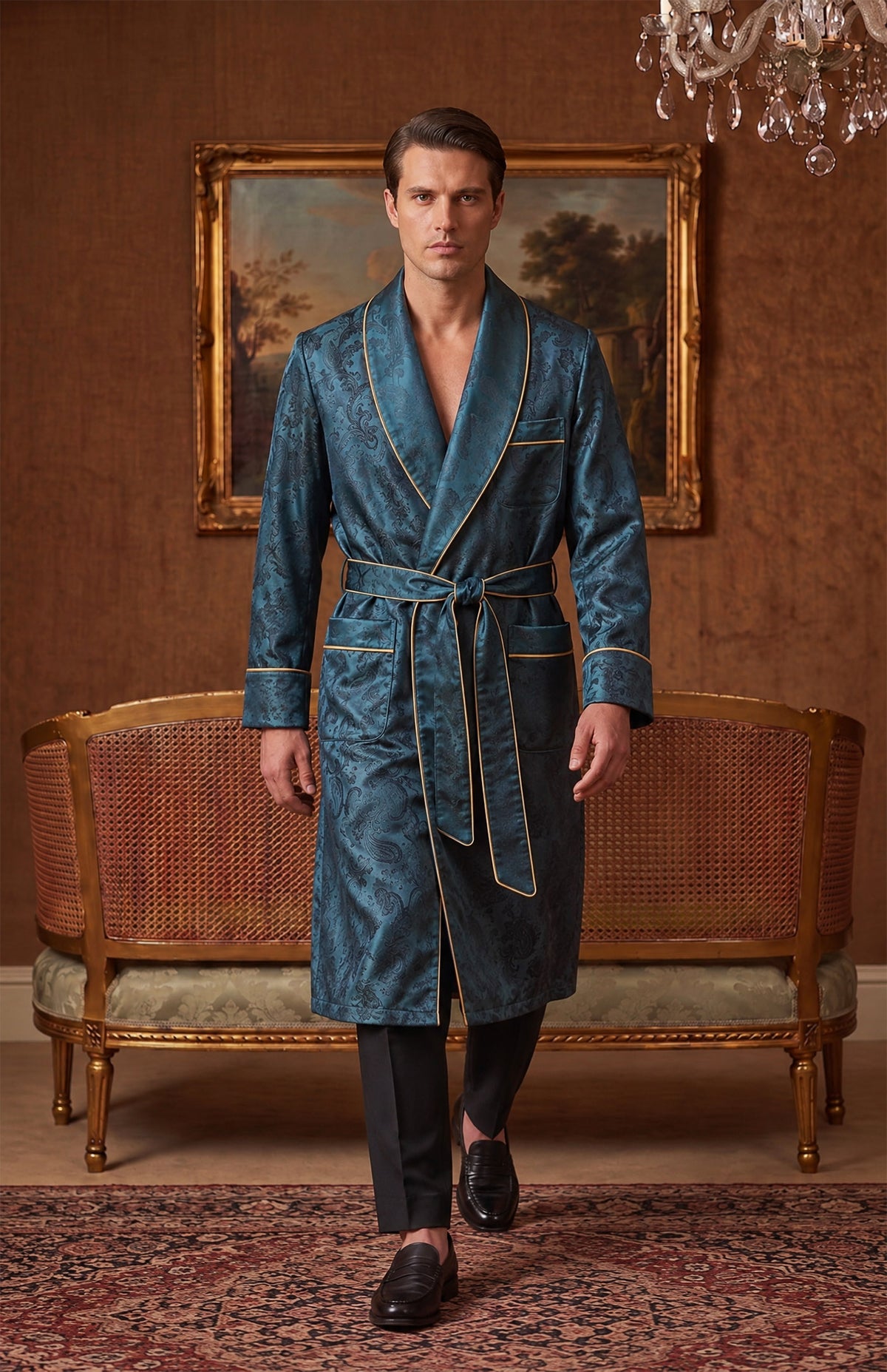 The Peacock Parlour | Teal Paisley Jacquard Shawl Collar Robe for Men