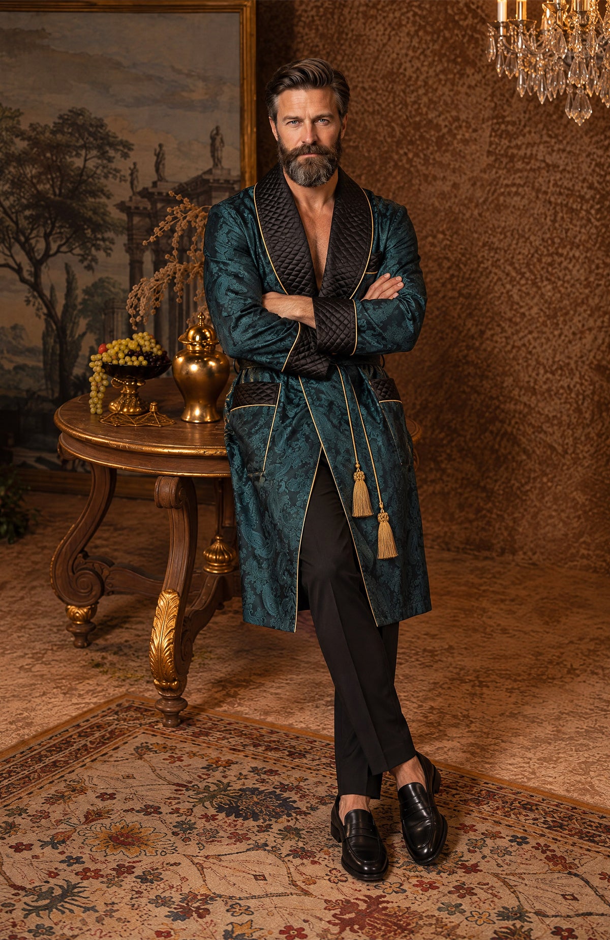 The Peacock Prince | Teal & Black Paisley Jacquard Quilted Robe for Men