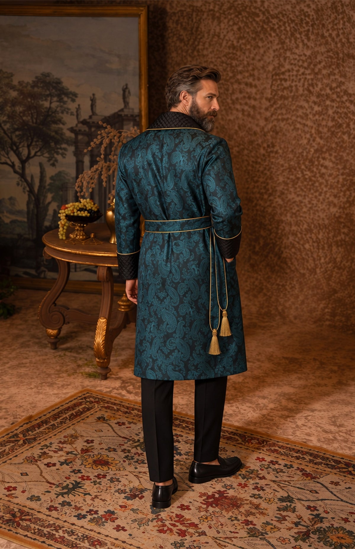 The Peacock Prince | Teal & Black Paisley Jacquard Quilted Robe for Men