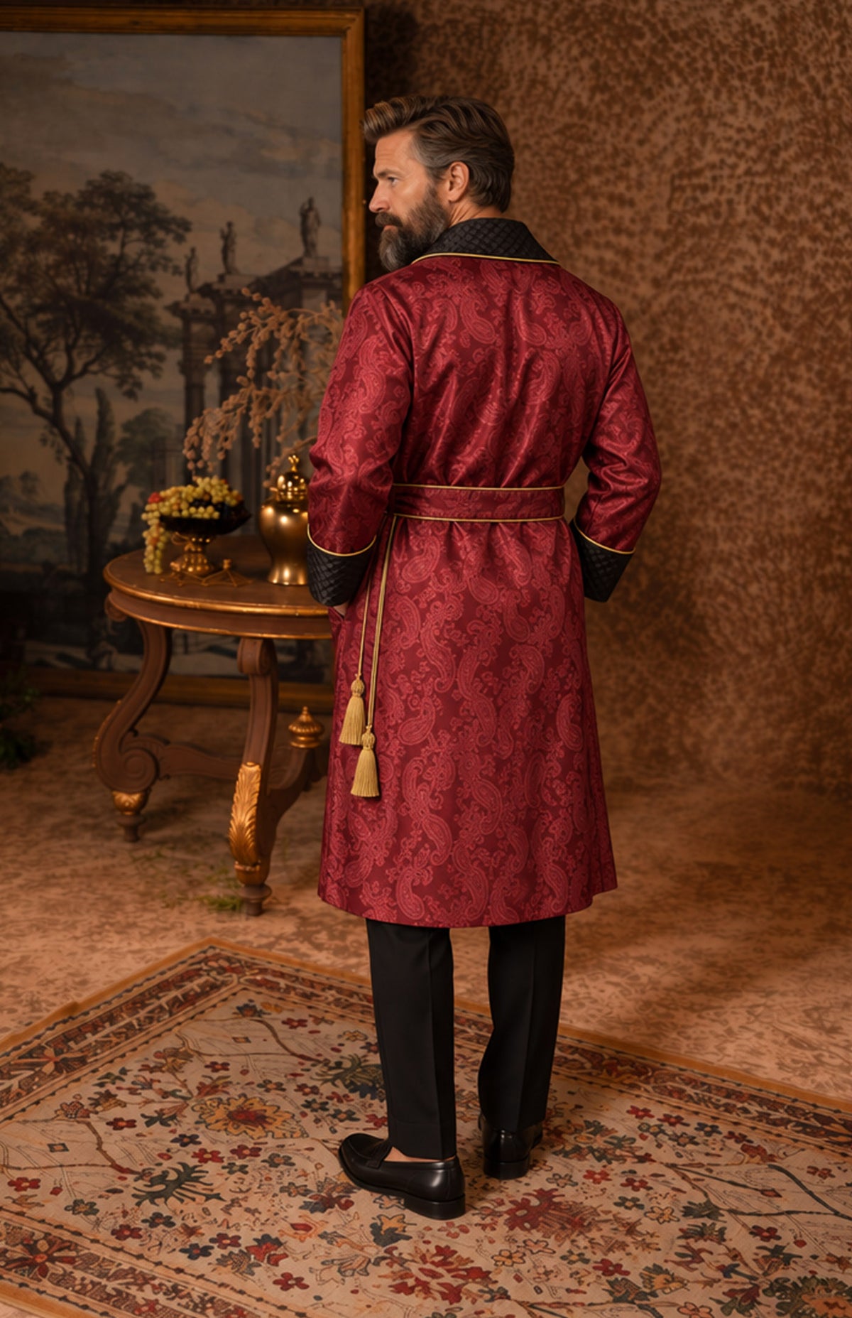 The Ruby Count | Red & Black Paisley Jacquard Quilted Robe for Men