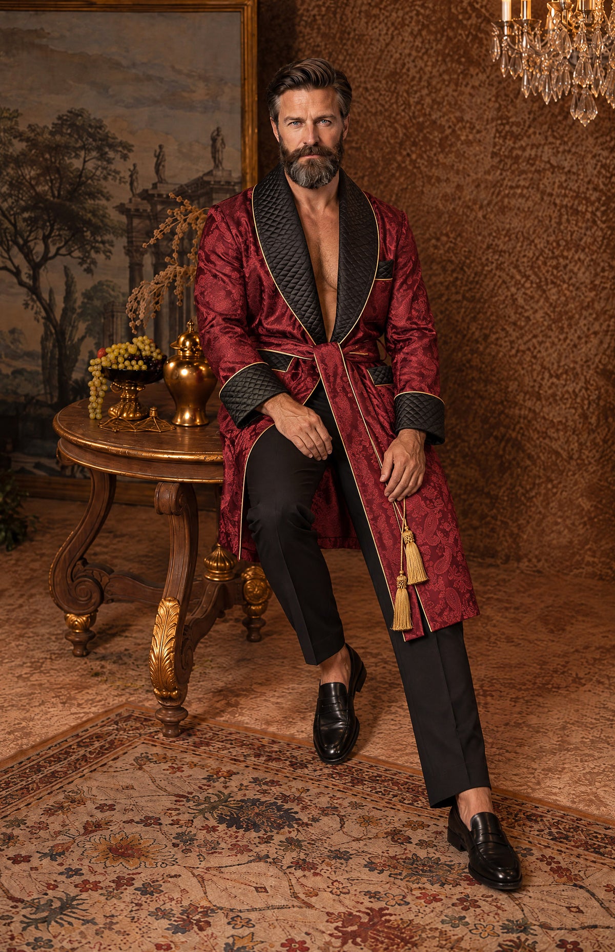 The Ruby Count | Red & Black Paisley Jacquard Quilted Robe for Men