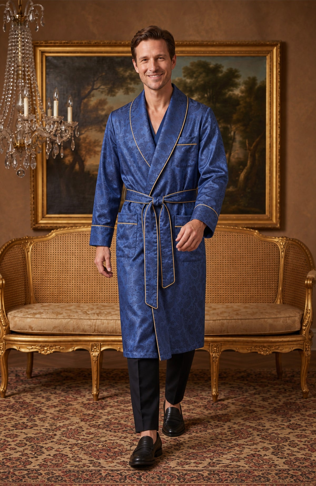 The Sapphire Parlour | Royal Blue Paisley Jacquard Shawl Collar Robe for Men