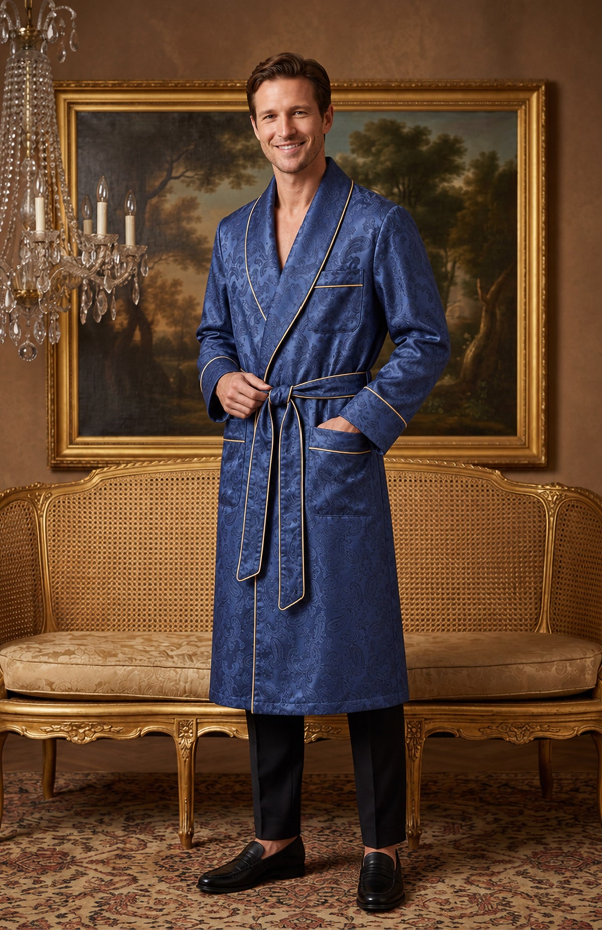 The Sapphire Parlour | Royal Blue Paisley Jacquard Shawl Collar Robe for Men