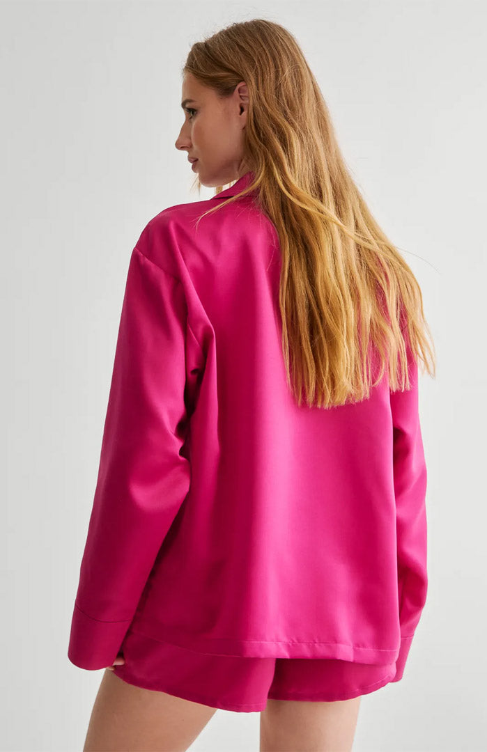 Pink Luna Luxe 3-Piece Satin Set Shirt, Bralette & Shorts Nightwear