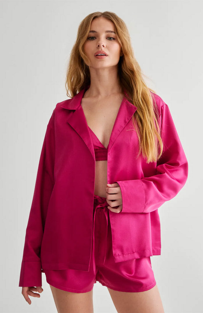 Pink Luna Luxe 3-Piece Satin Set Shirt, Bralette & Shorts Nightwear
