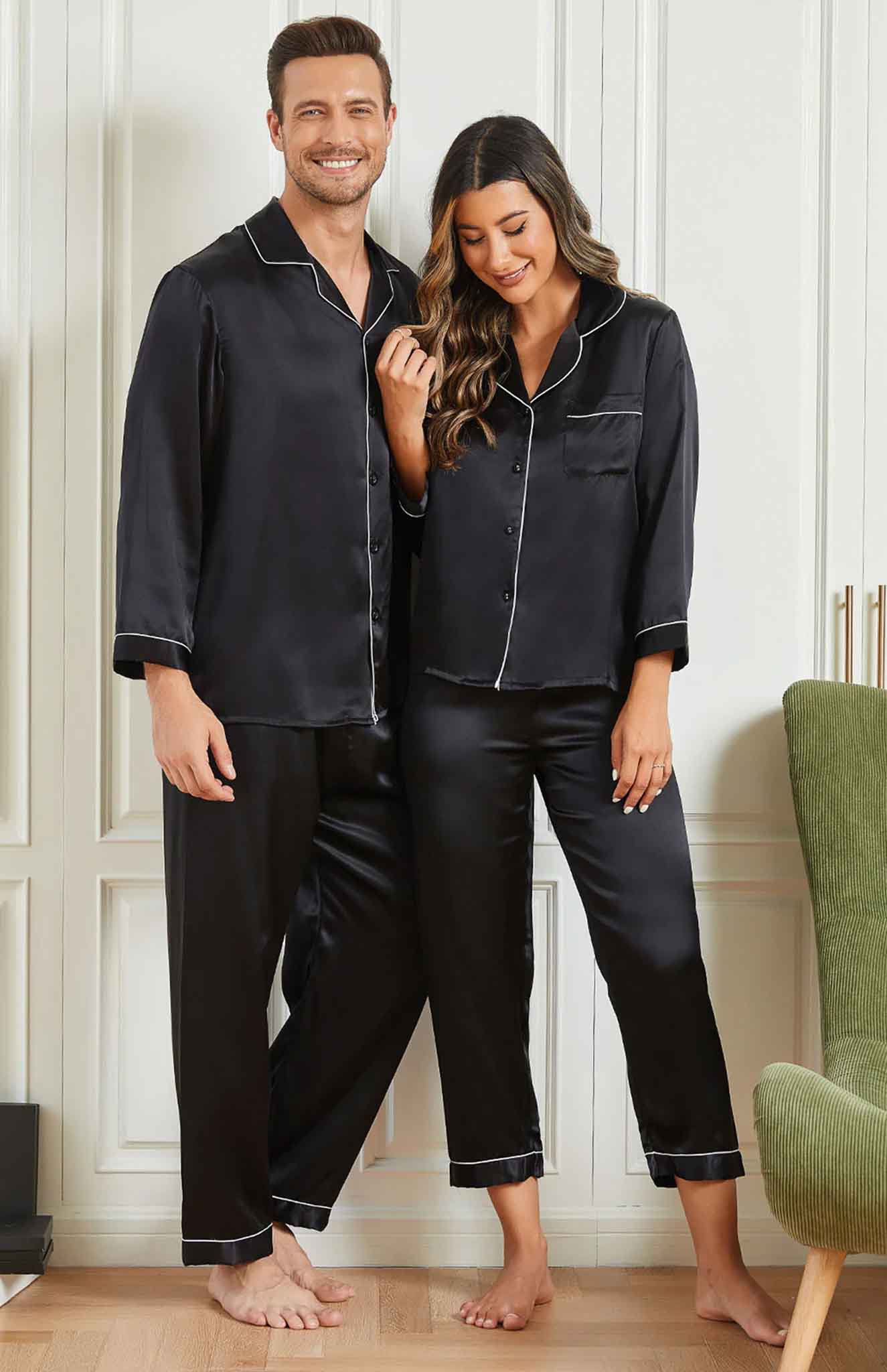 Inamorata Intimates | Black Satin Loungewear Set For Couples in Armani Satin