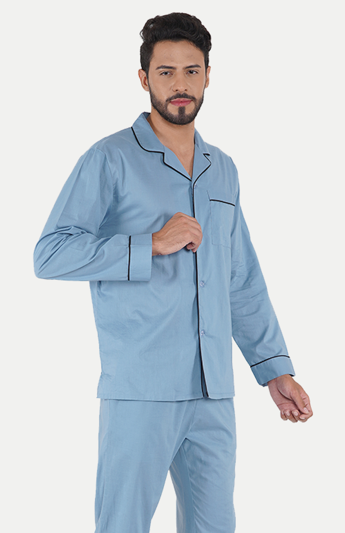 Azure Bliss Blue Cotton Lounge Wear Set for Men | Luxeliv