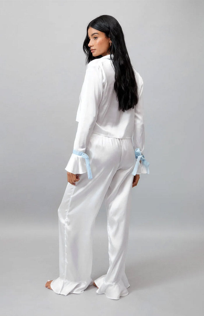 White-Blue Bella Bow | Satin Loungewear Set