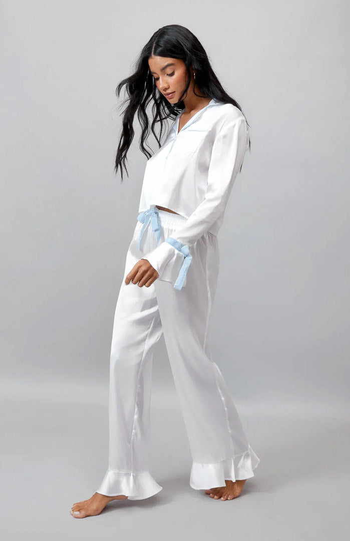 White-Blue Bella Bow | Satin Loungewear Set