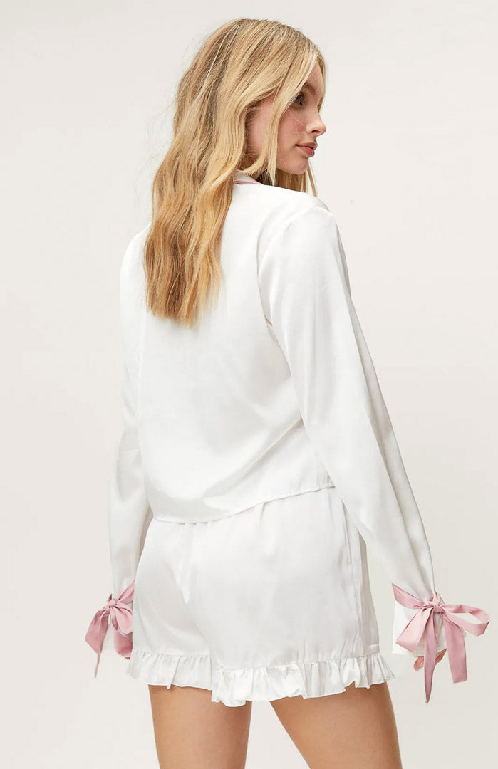White Bella Pink Bow Satin Set | Shirt and Shorts